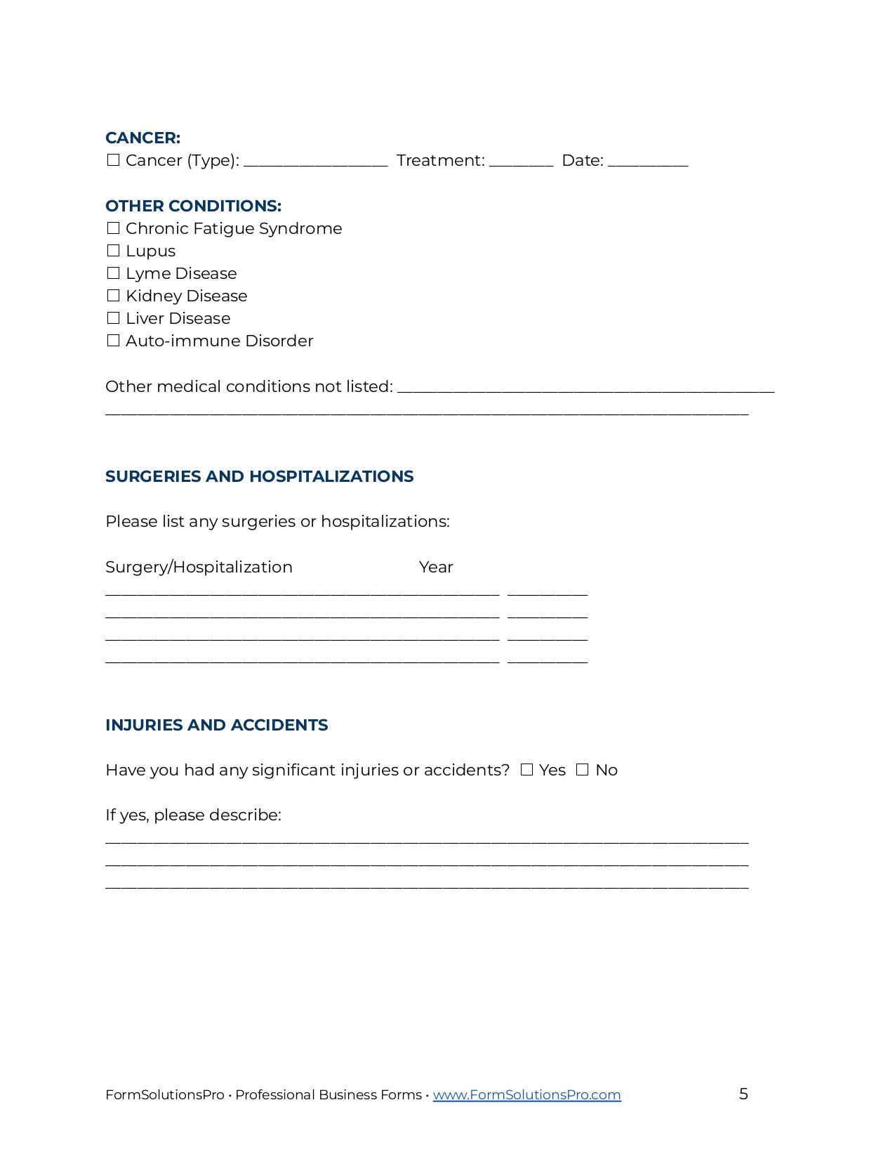 Comprehensive Health History Questionnaire Form