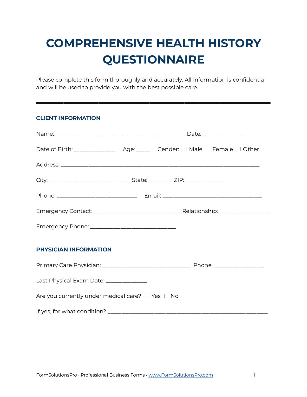 Comprehensive Health History Questionnaire Form