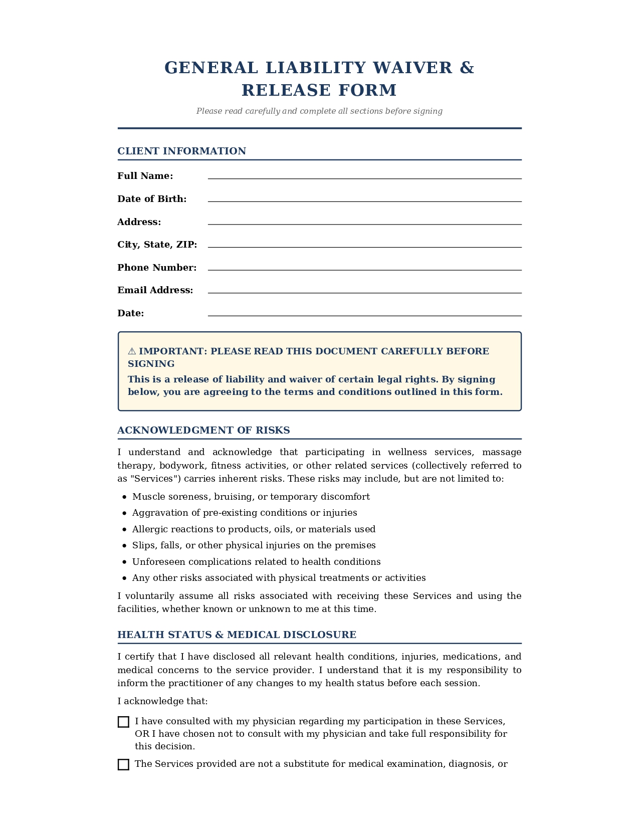 General Liability Waiver Release Form