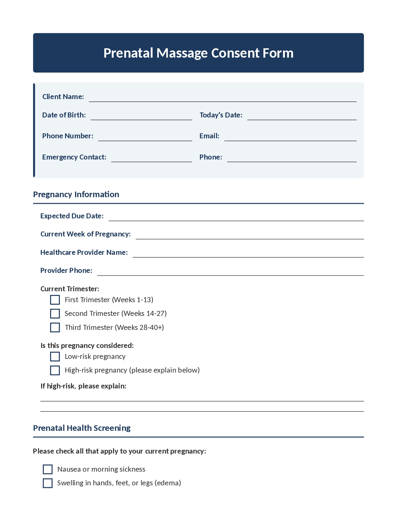 Prenatal Massage Consent Form for Massage Therapy