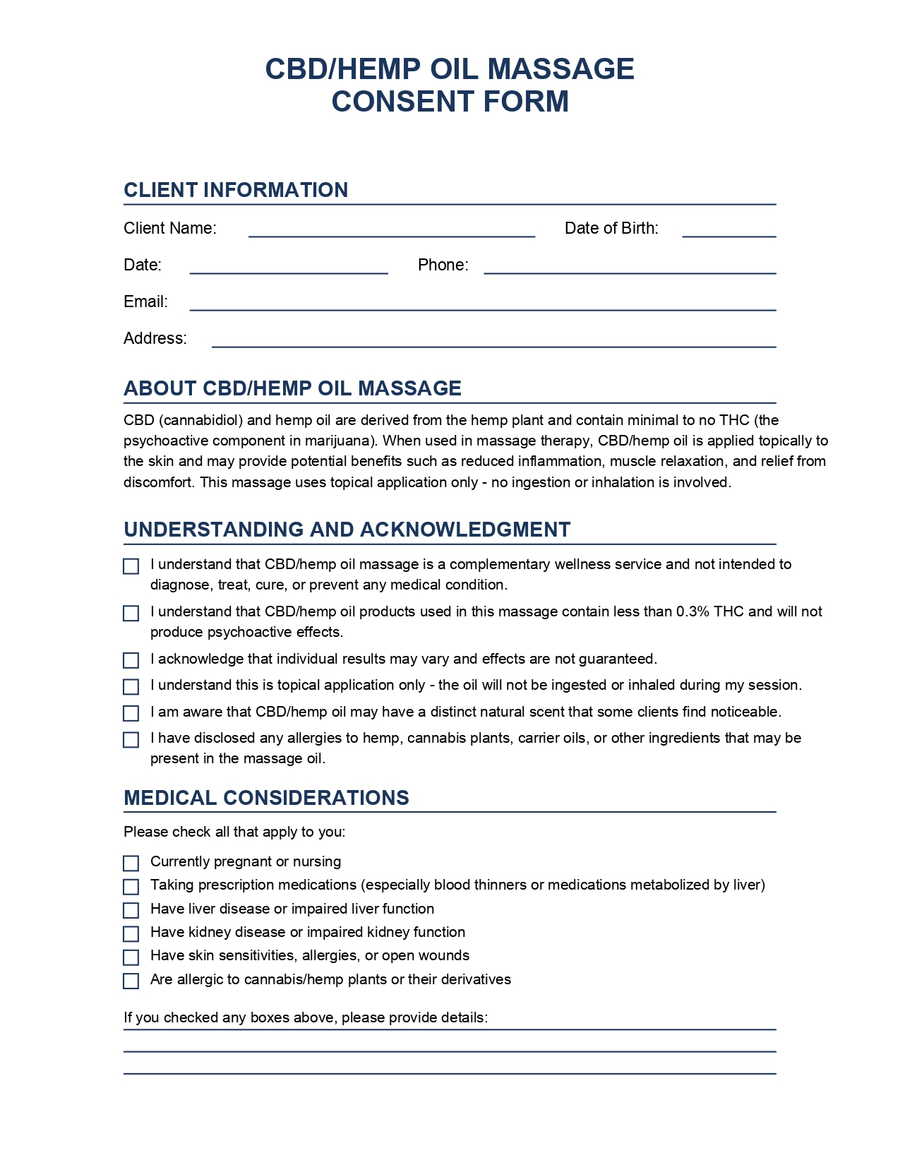CBD/Hemp Oil Massage Consent Form - Professional Massage Therapy Template
