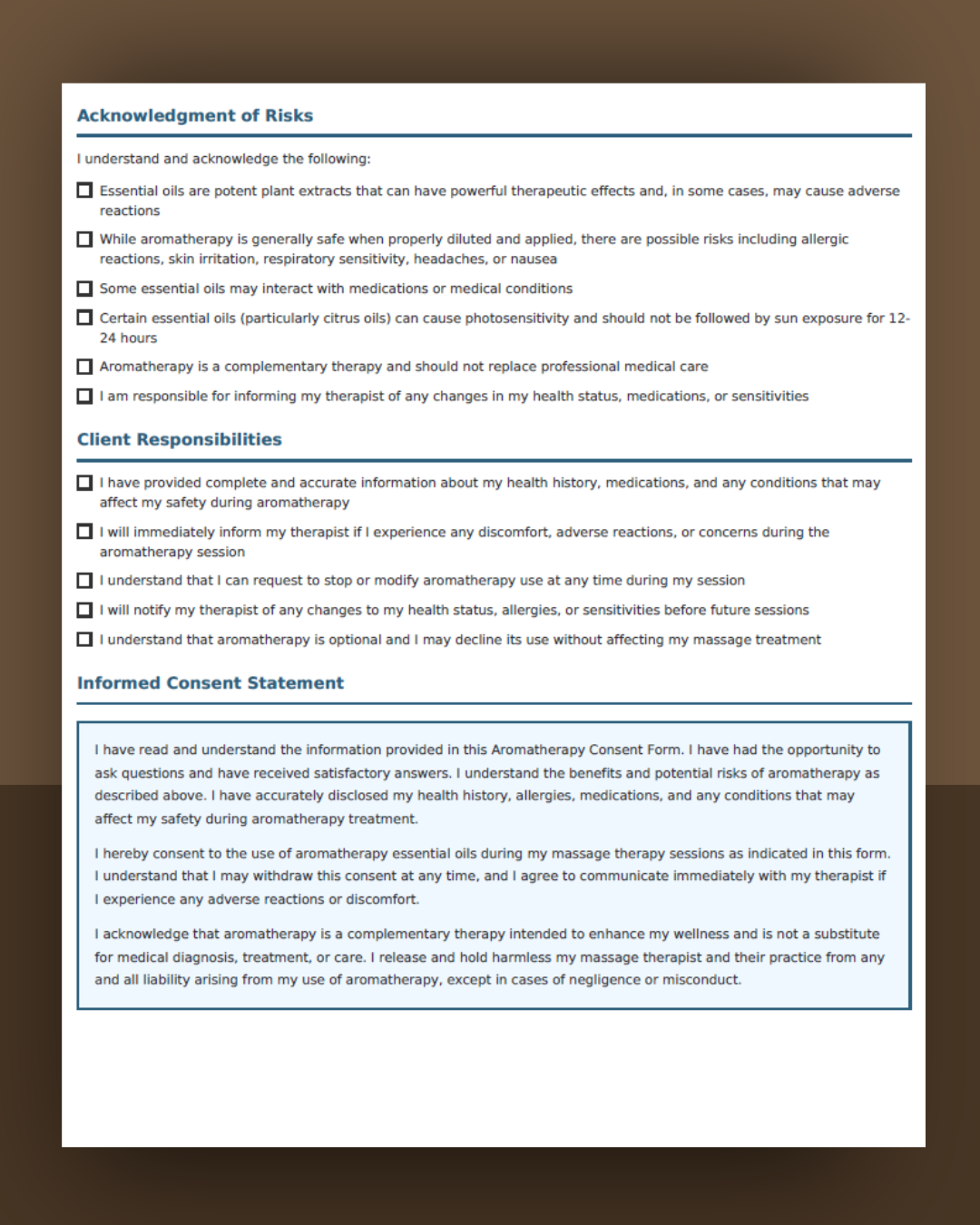 Aromatherapy Consent Form