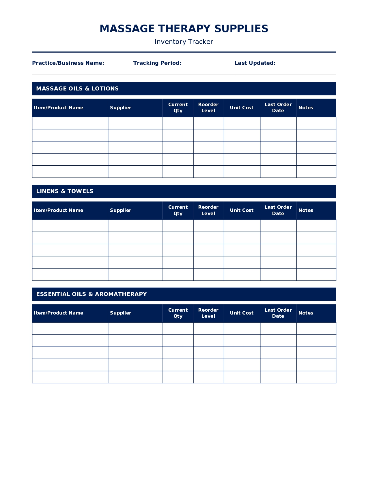 Massage Therapy Supplies Inventory Tracker - Practice Management Form for Supplies & Equipment