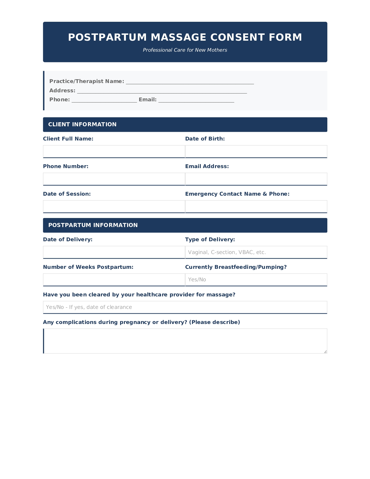 Postpartum Massage Consent Form