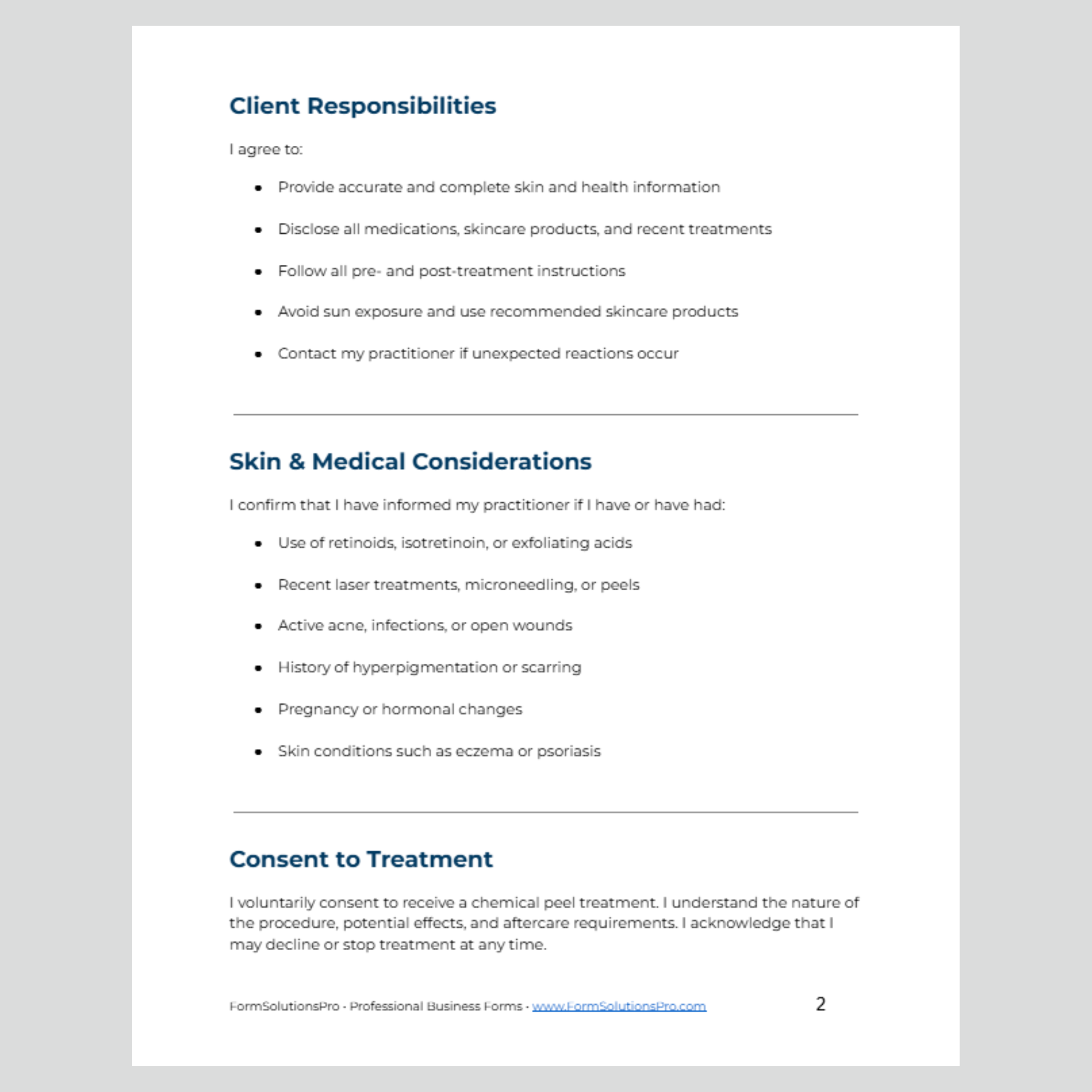 Chemical Peel Consent & Waiver Form + Client Intake