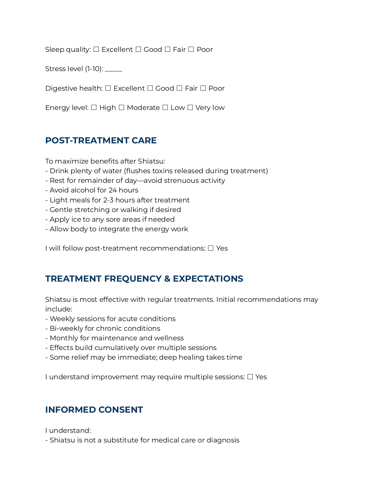 Shiatsu Massage  Consent  Form 