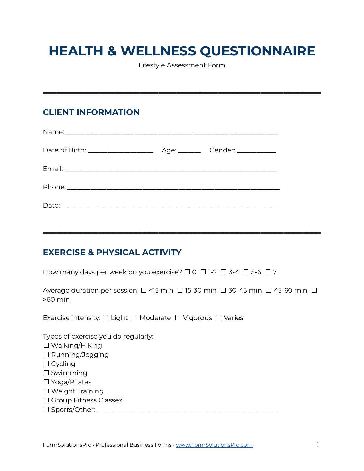 Health Wellness Questionnaire Form