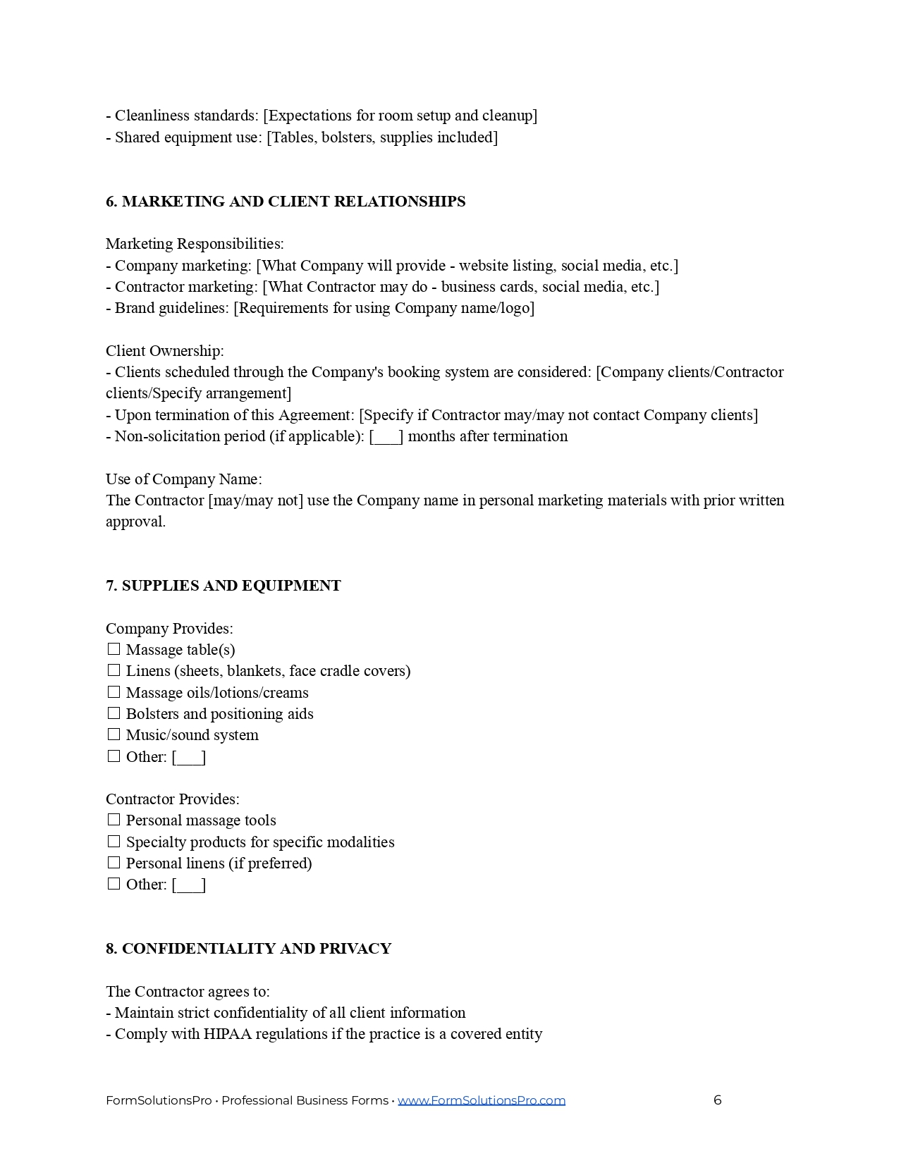 Independent Contractor Agreement Template for Massage Therapists (Editable)