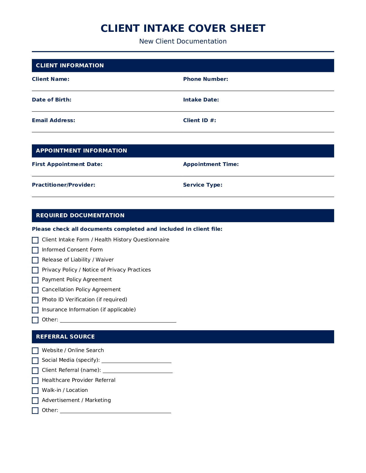 Client Intake Cover Sheet for Wellness Practices - New Client Documentation Form