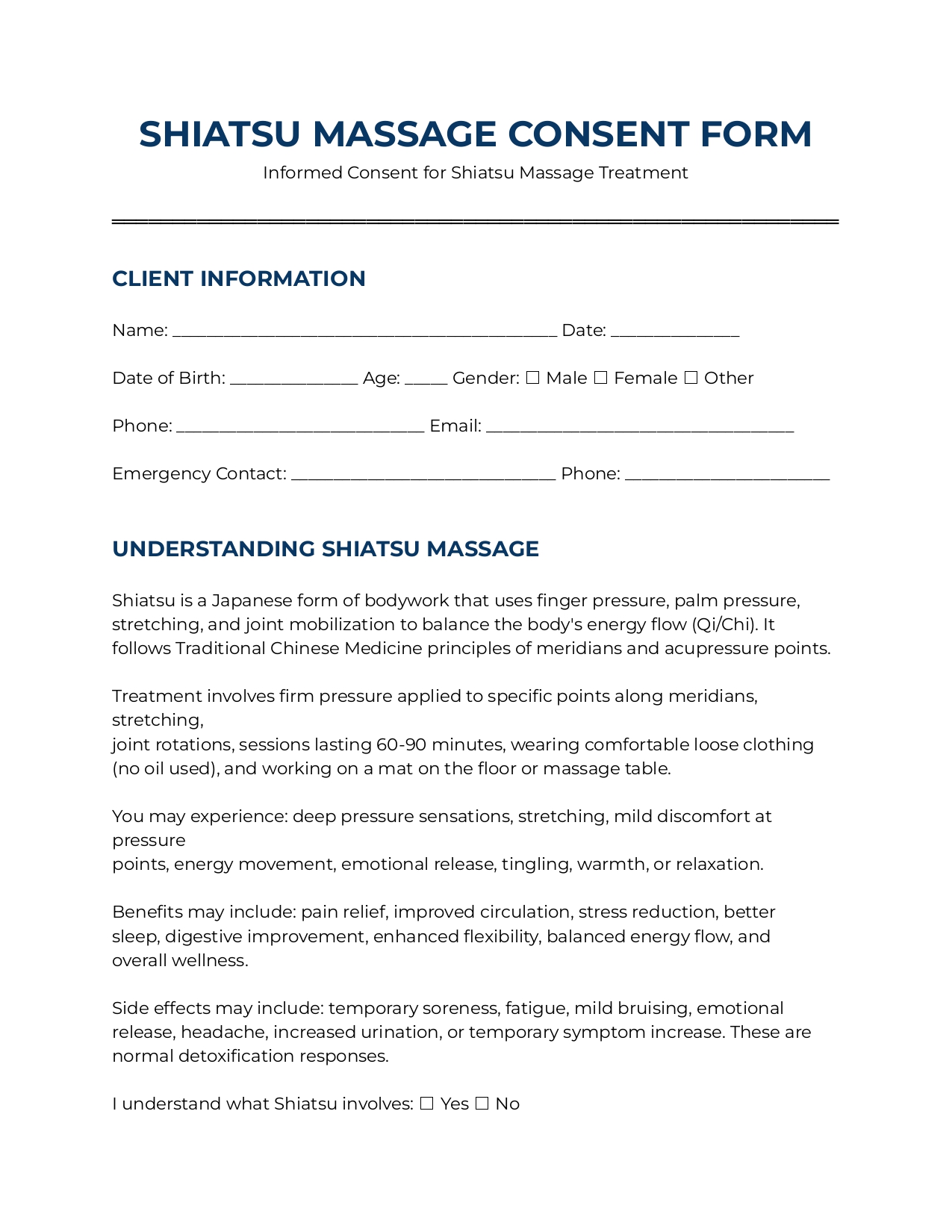 Shiatsu Massage  Consent  Form 