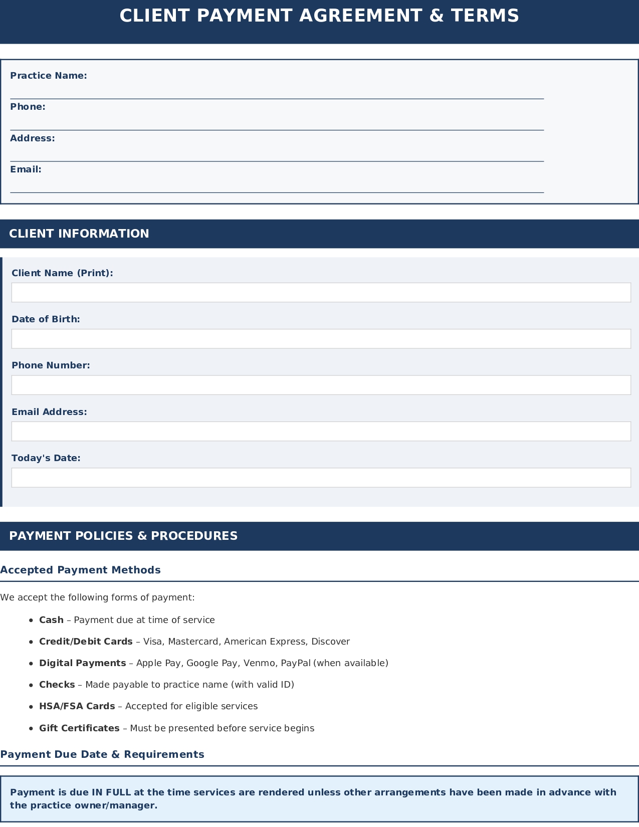 Client Payment Agreement & Terms Form