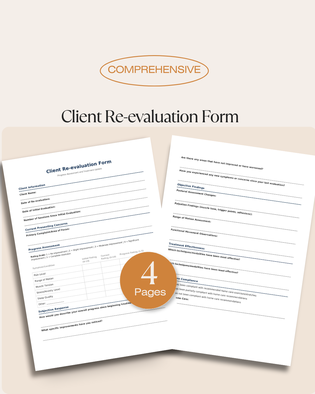 Client Re-evaluation Form for Massage Therapists | Progress Assessment Template | Treatment Update Form | Static PDF