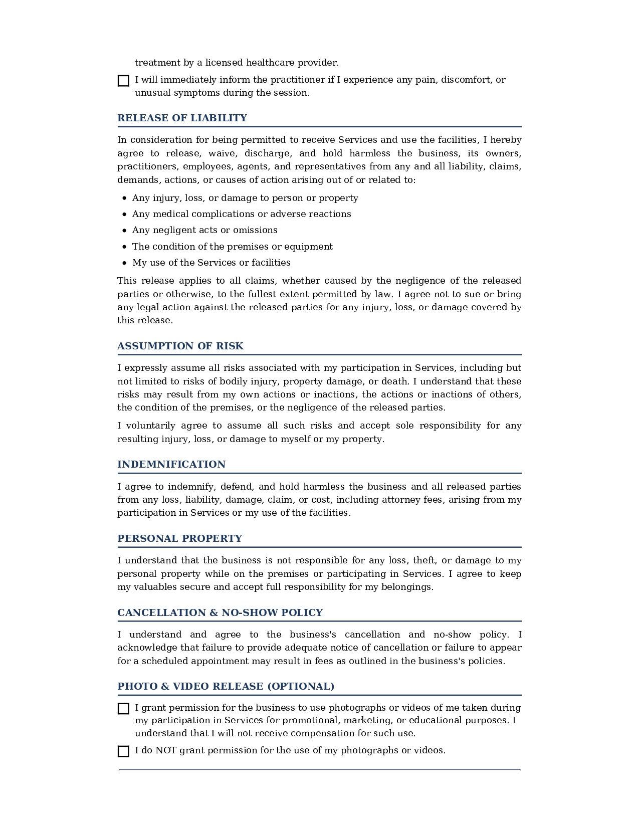 General Liability Waiver Release Form