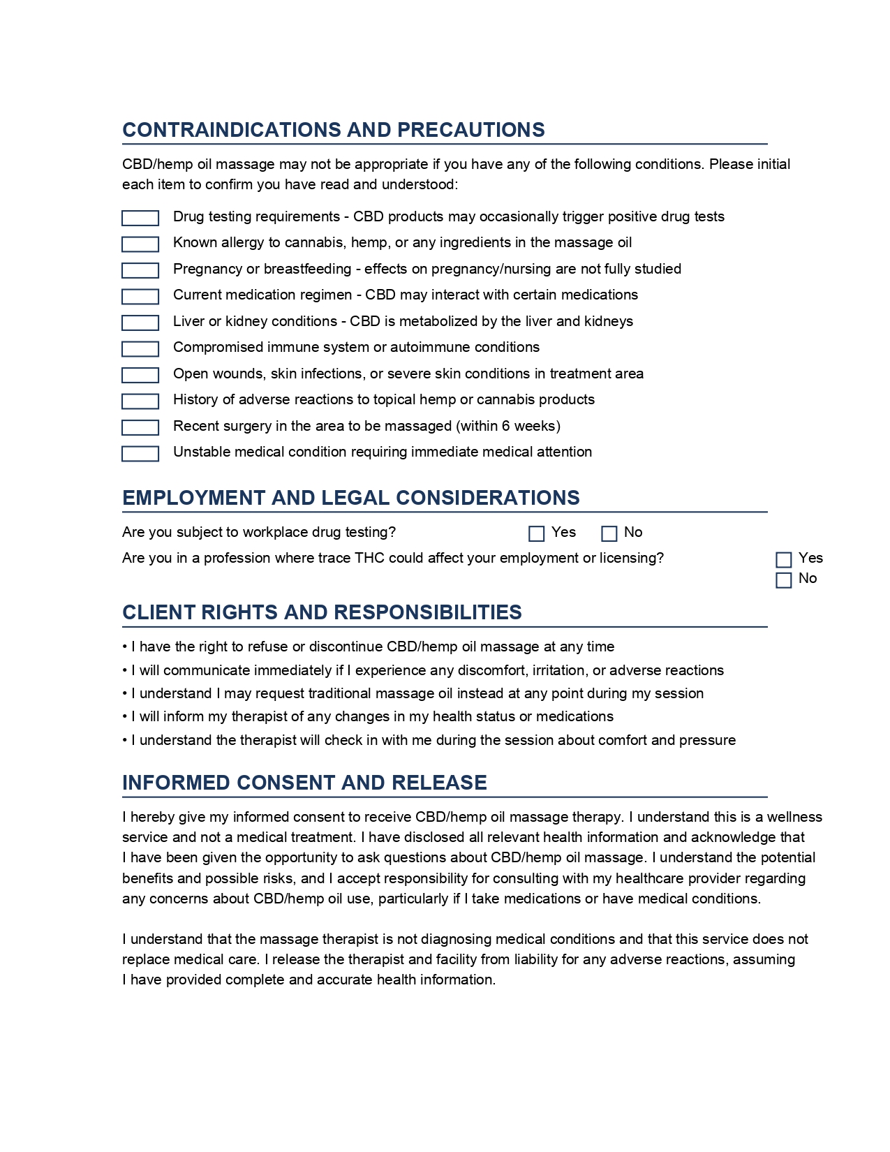 CBD/Hemp Oil Massage Consent Form - Professional Massage Therapy Template