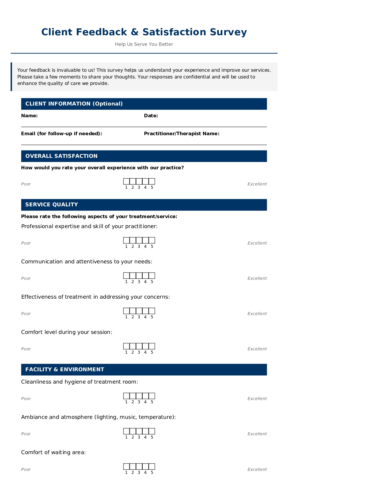 Client Feedback & Satisfaction Survey Form for Massage Therapy 