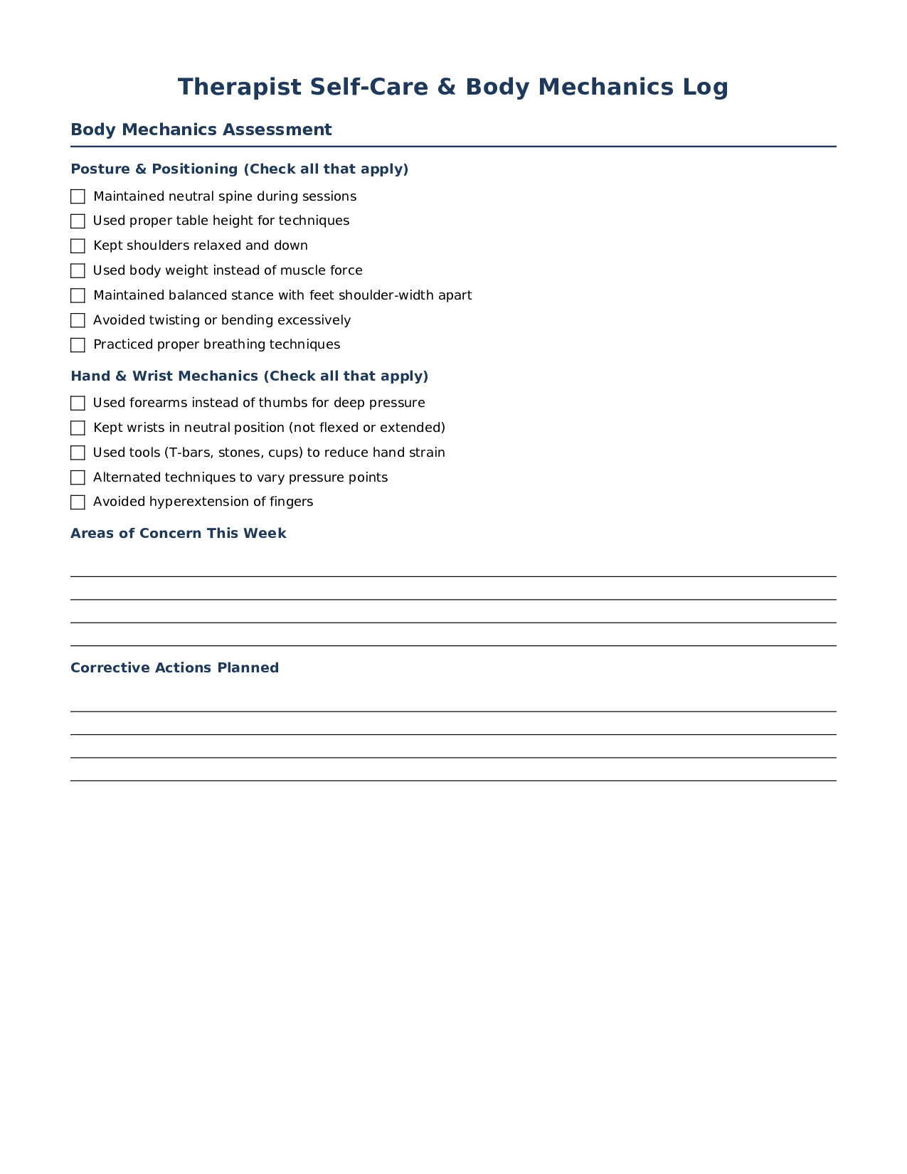 Therapist Self-Care Log