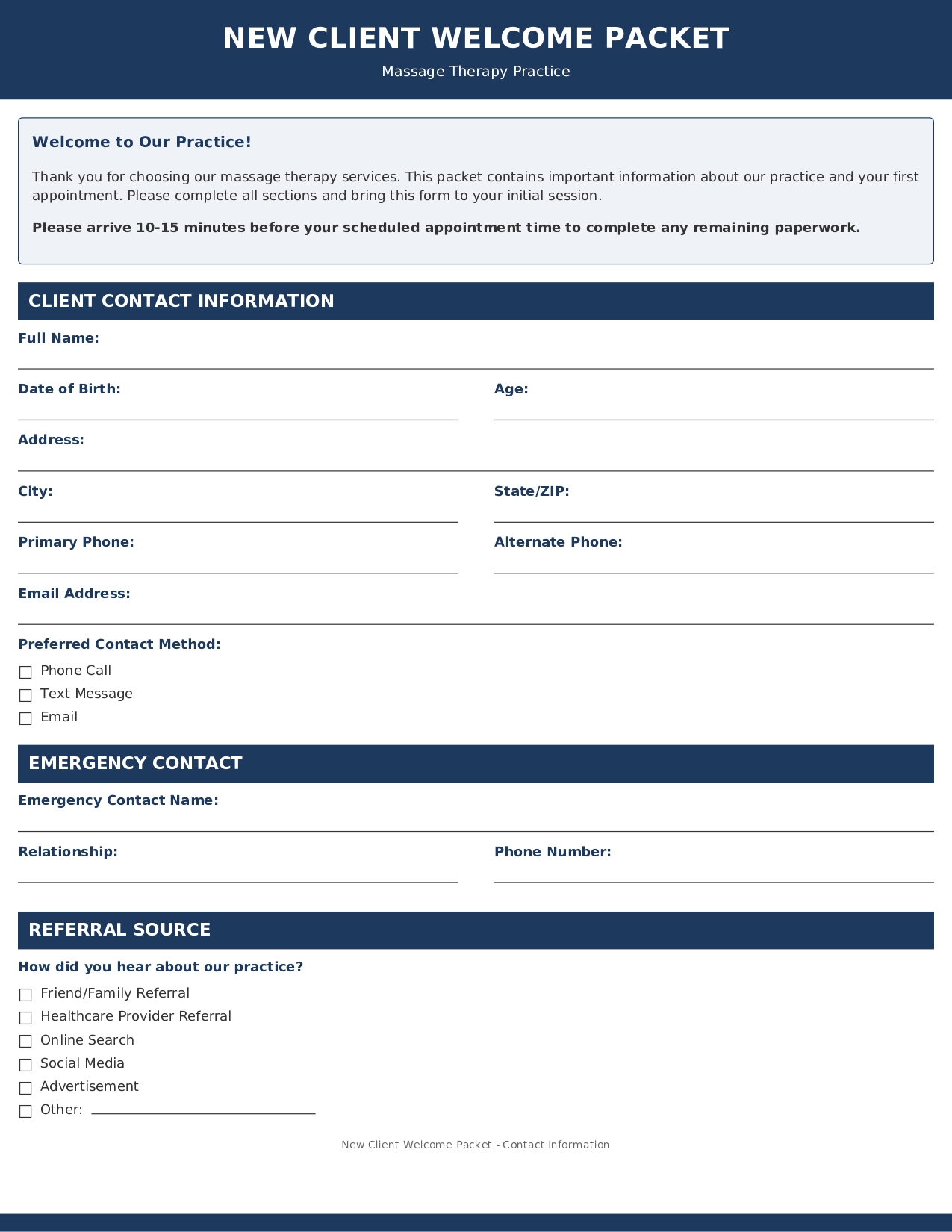 New Client Welcome Packet for Massage Therapy Practice