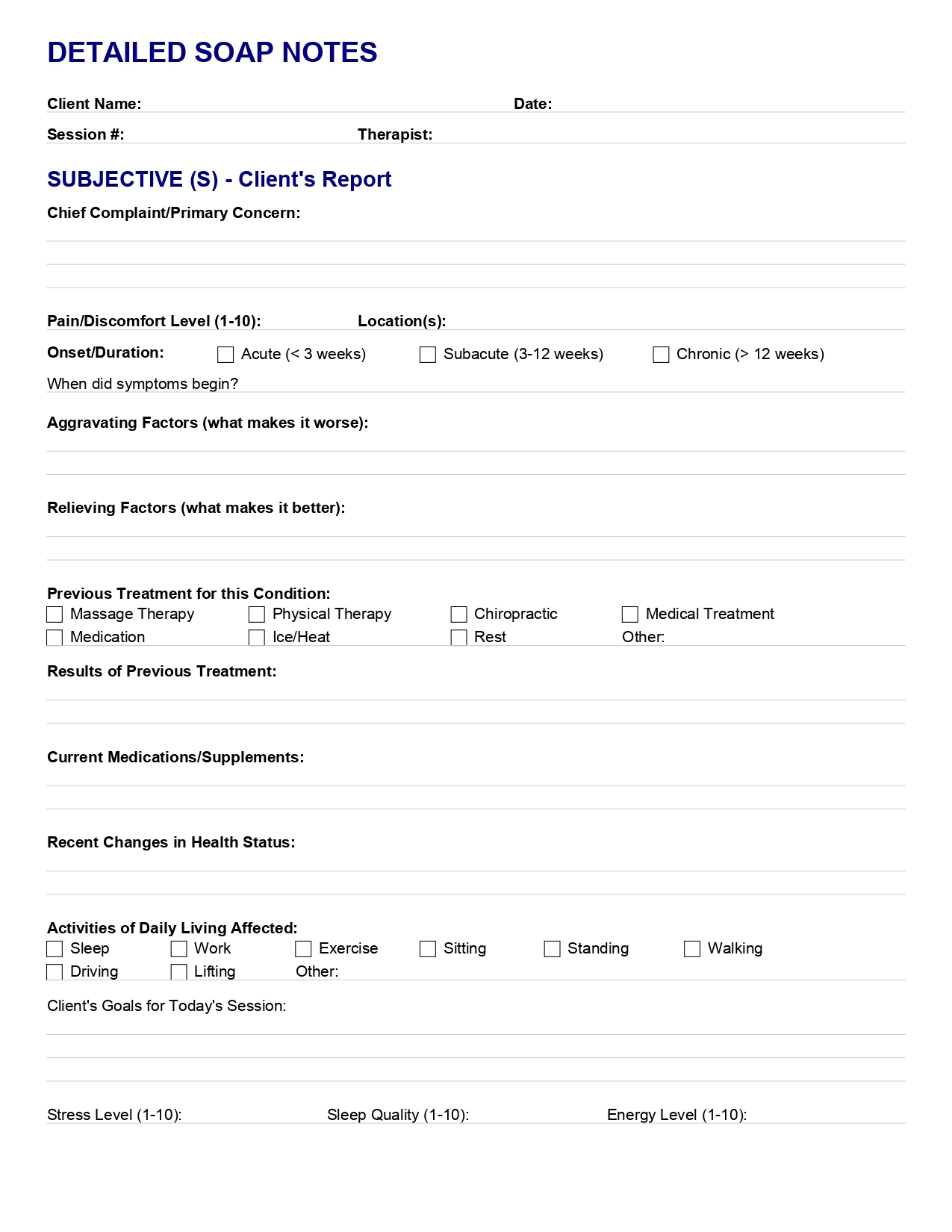Detailed SOAP Notes Template for Massage Therapists