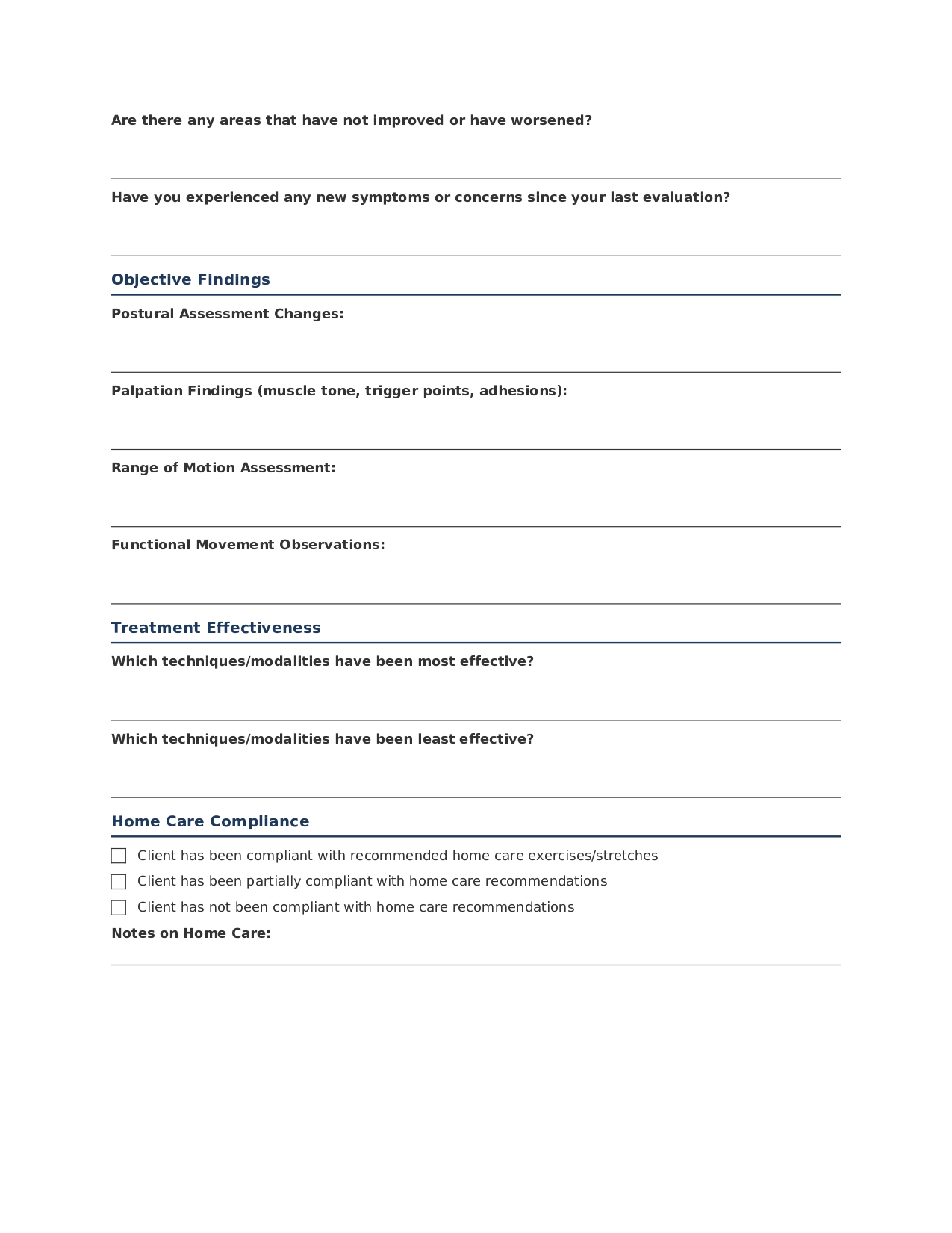 Client Re-evaluation Form for Massage Therapists | Progress Assessment Template | Treatment Update Form | Static PDF