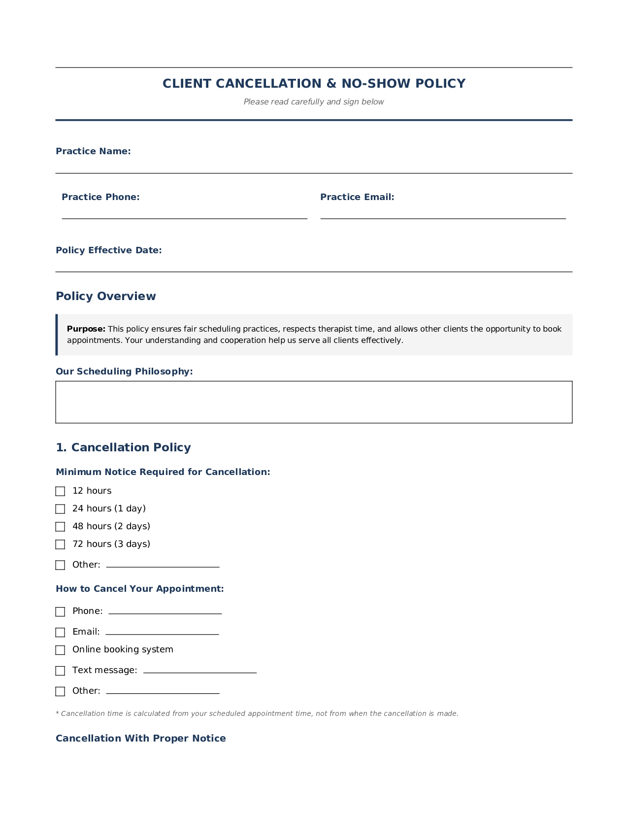 Client Cancellation No-Show Policy Form for Massage Therapy