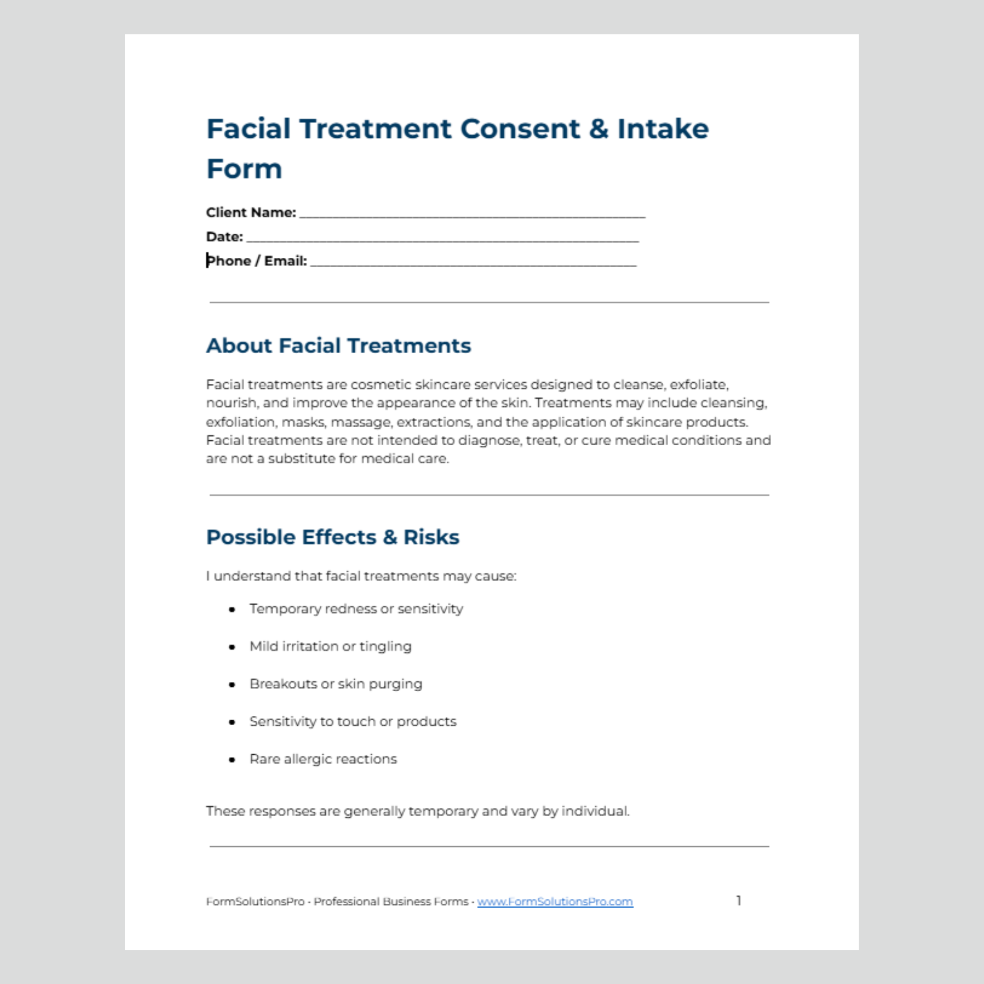 Facial Treatment Consent Form + Client Intake
