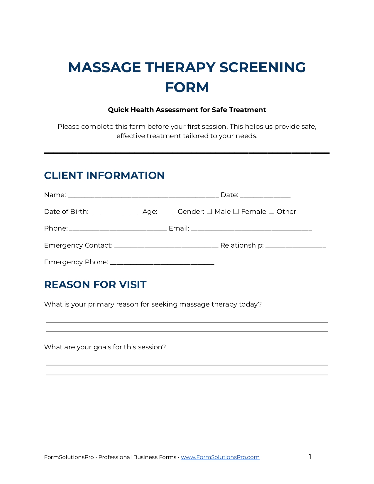 Massage Therapy Screening Form