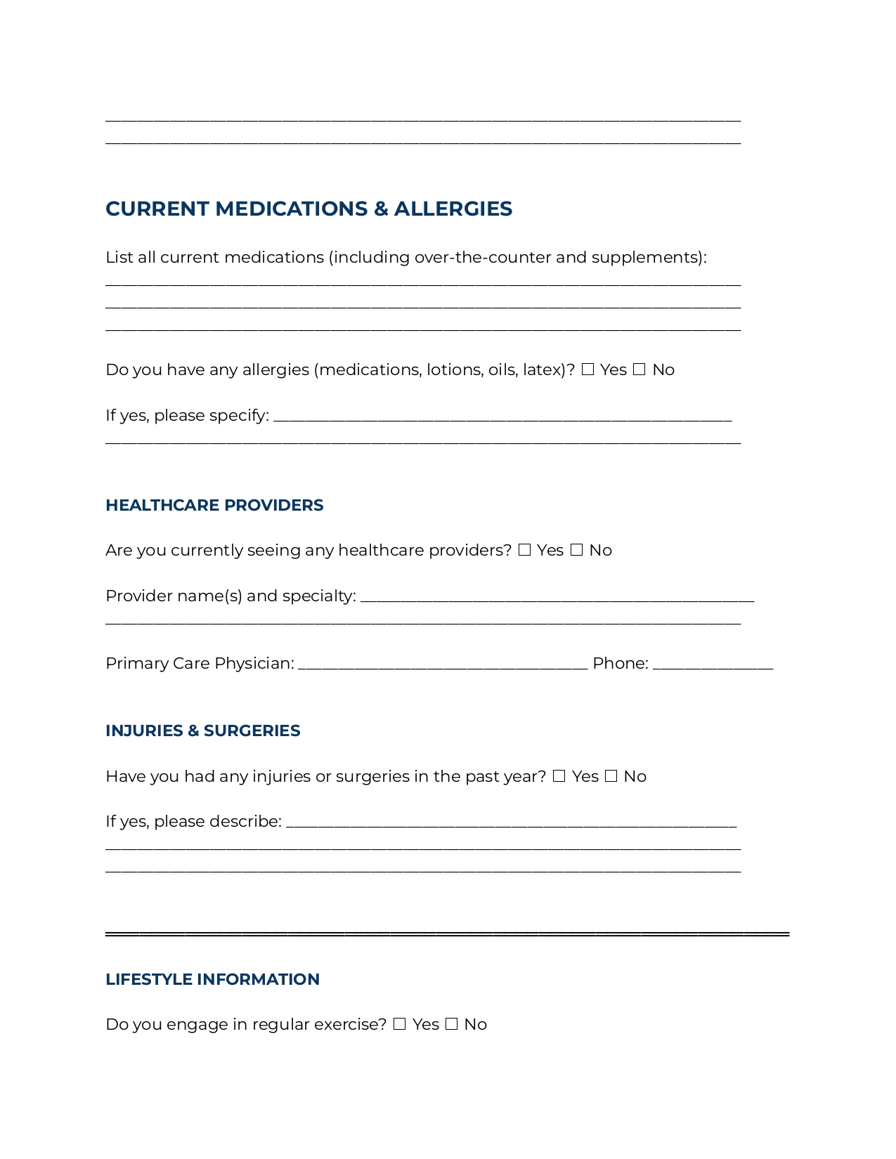 Massage Therapy Client Intake Form Template