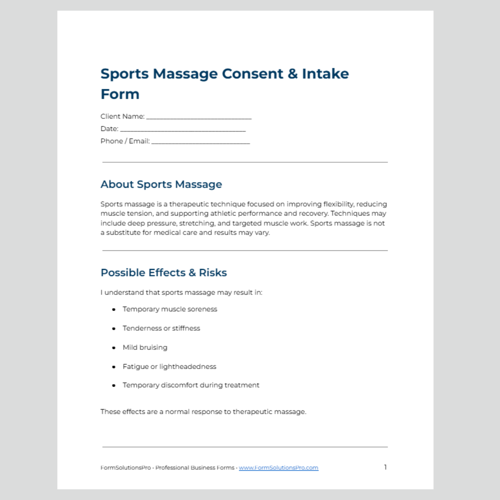 Sports Massage Consent Form + Client Intake