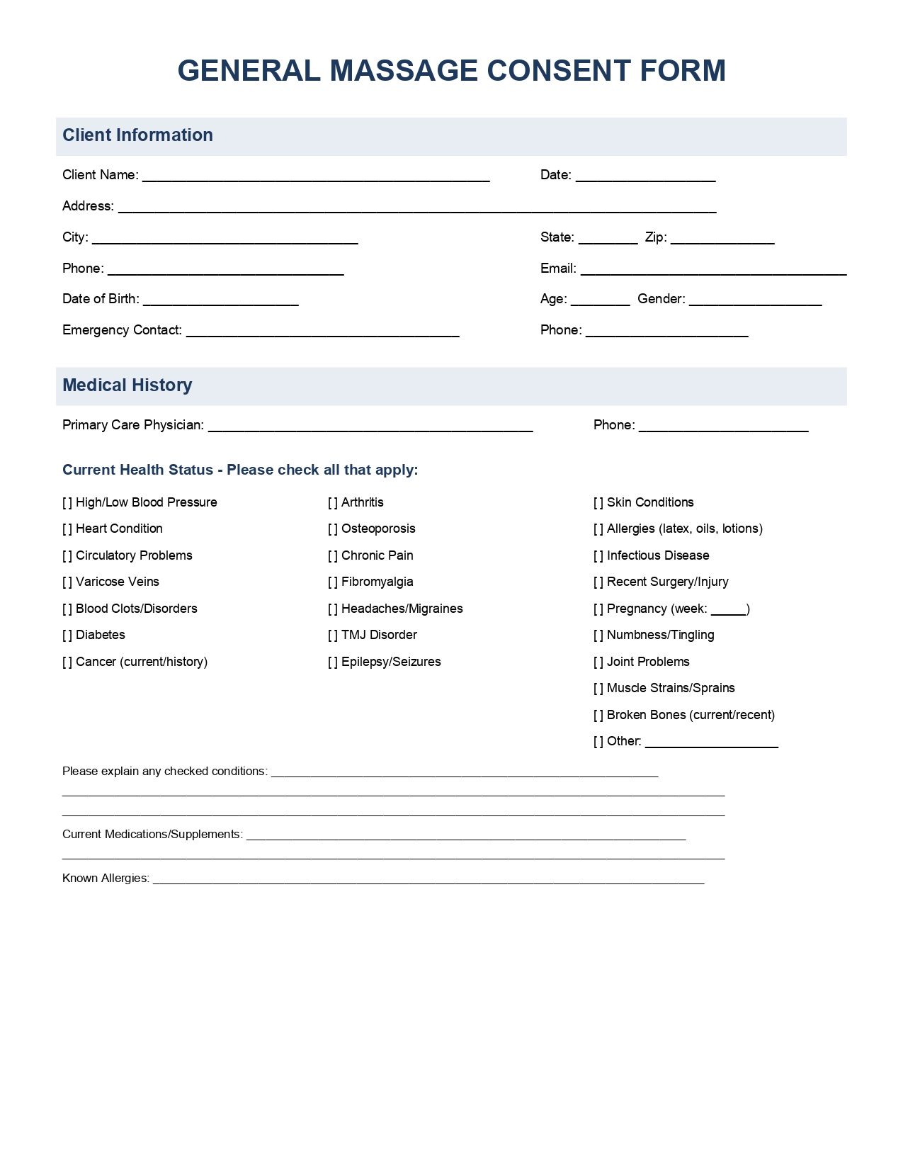 General Massage Consent Form