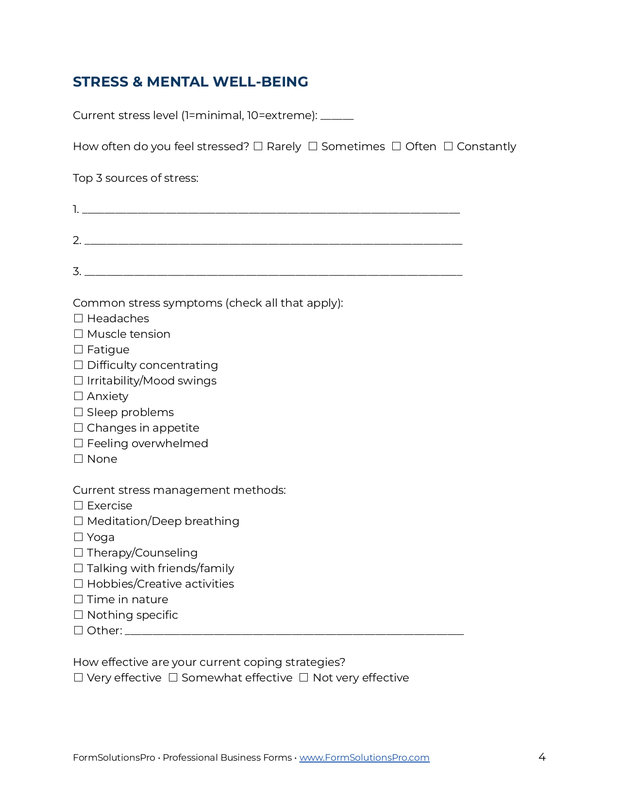 Health Wellness Questionnaire Form