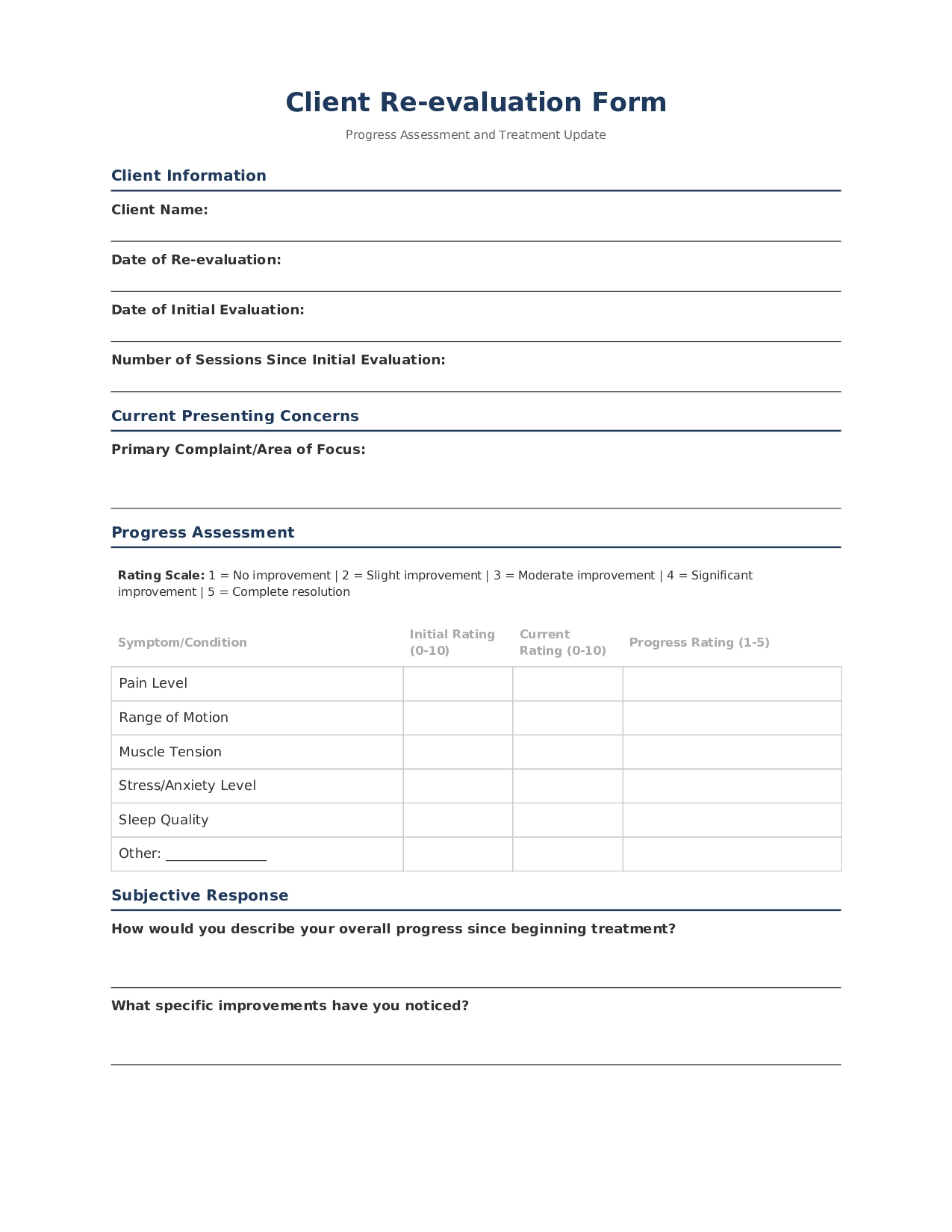 Client Re-evaluation Form for Massage Therapists | Progress Assessment Template | Treatment Update Form | Static PDF