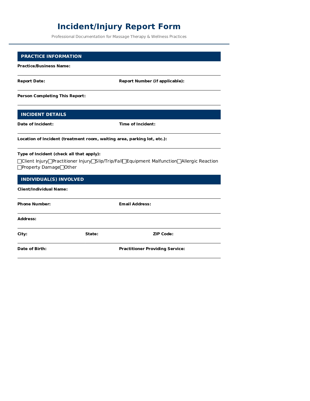 Incident/Injury Report Form for Massage Therapy