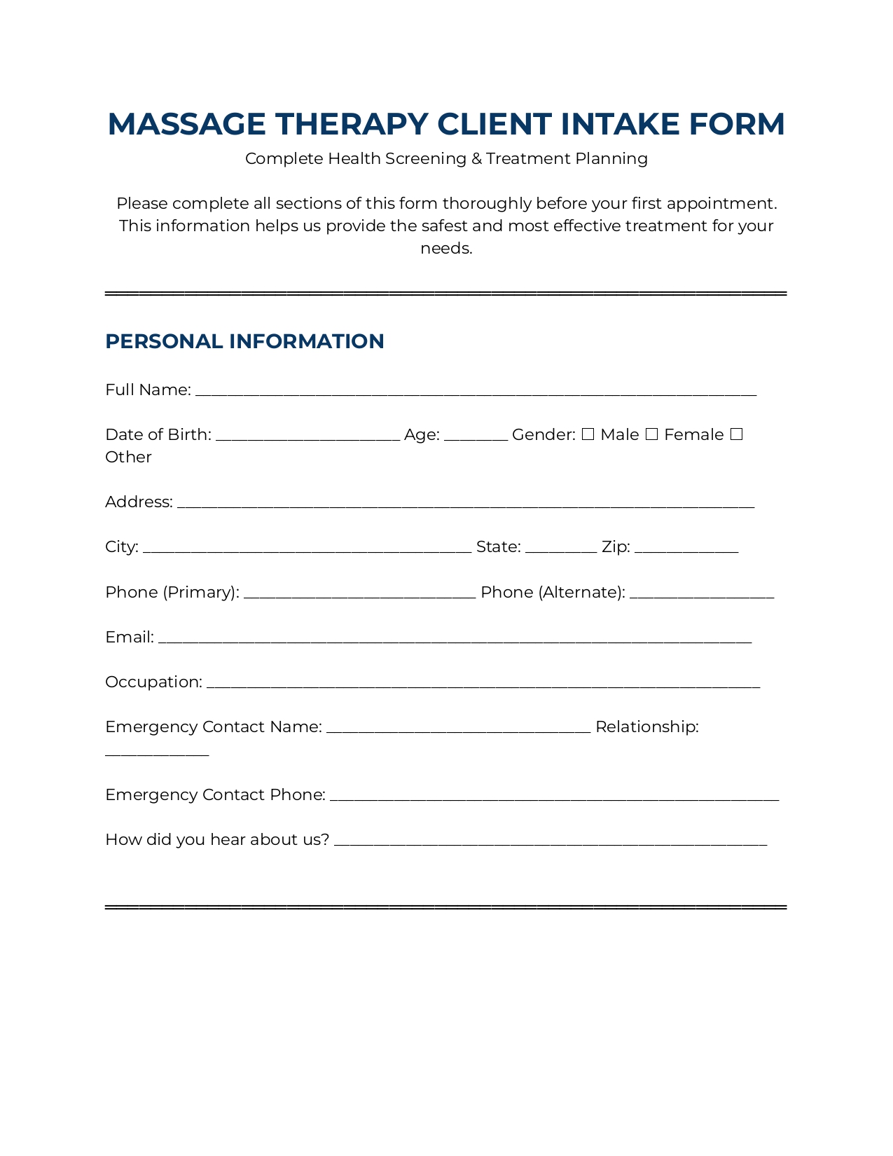 Massage Therapy Client Intake Form Template