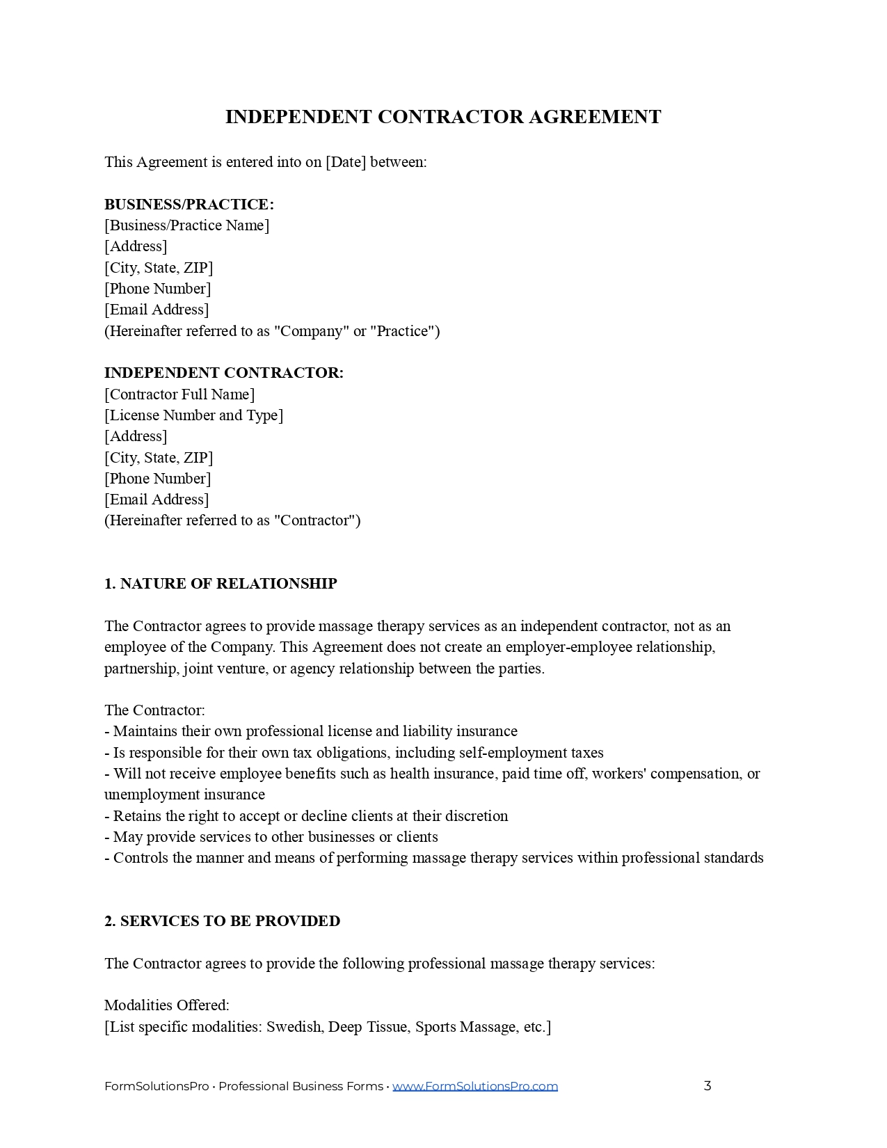 Independent Contractor Agreement Template for Massage Therapists (Editable)