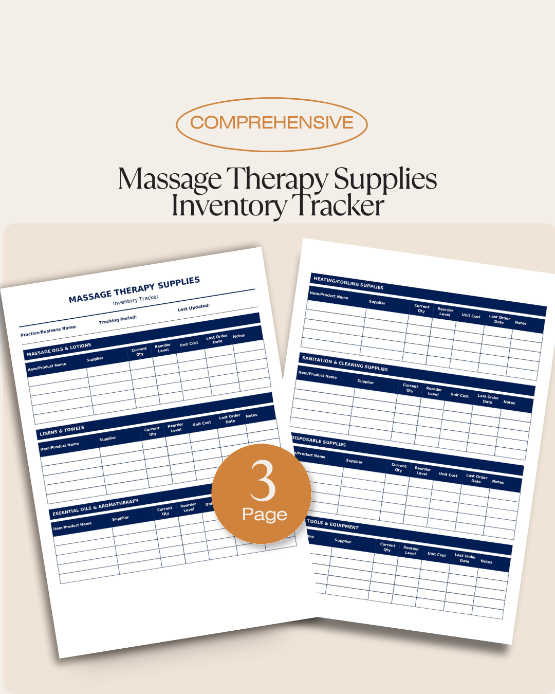 Massage Therapy Supplies Inventory Tracker - Practice Management Form for Supplies & Equipment