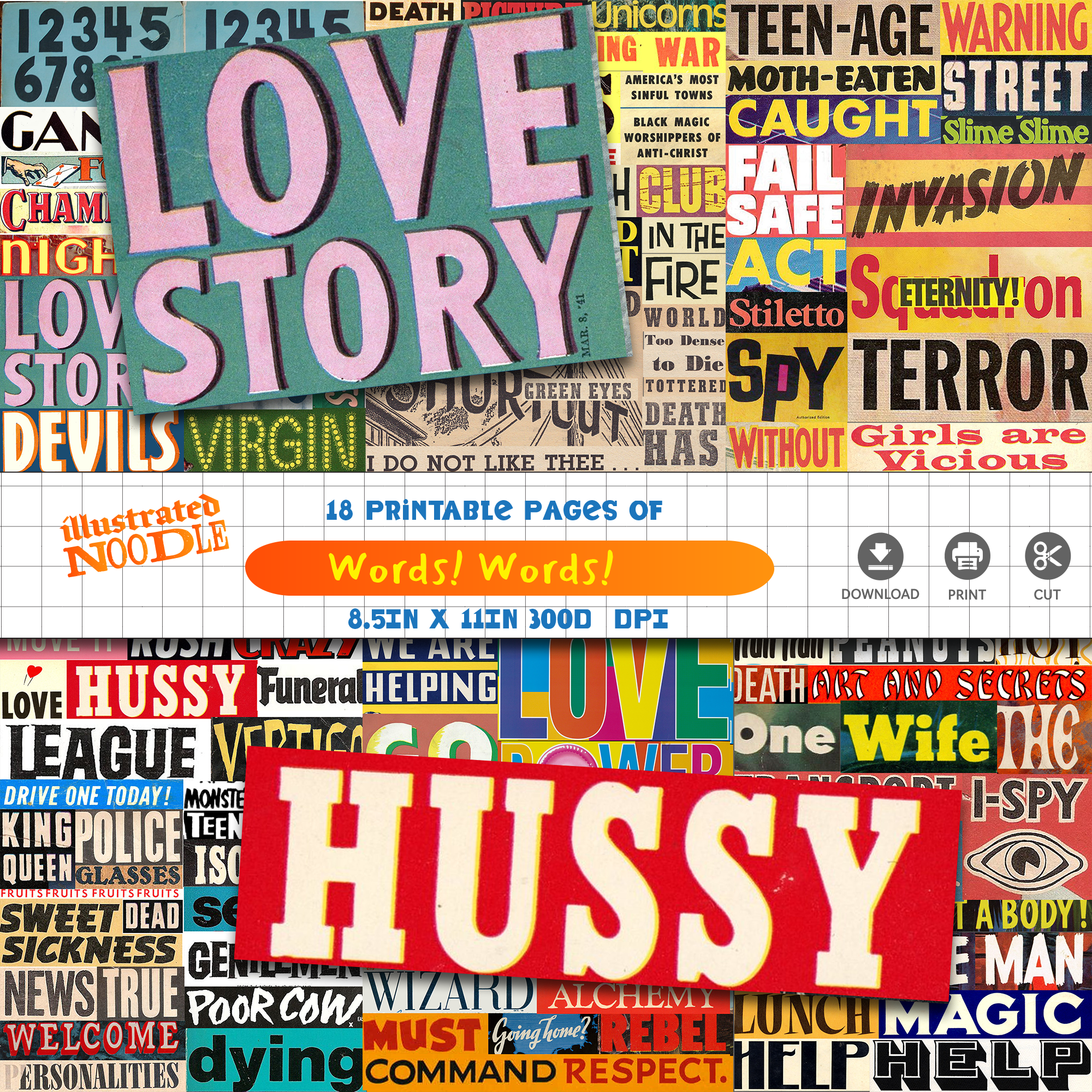 Vintage Pulp Magazine Words • Retro Sci-Fi Horror Text Clippings • Junk Journal Ephemera 