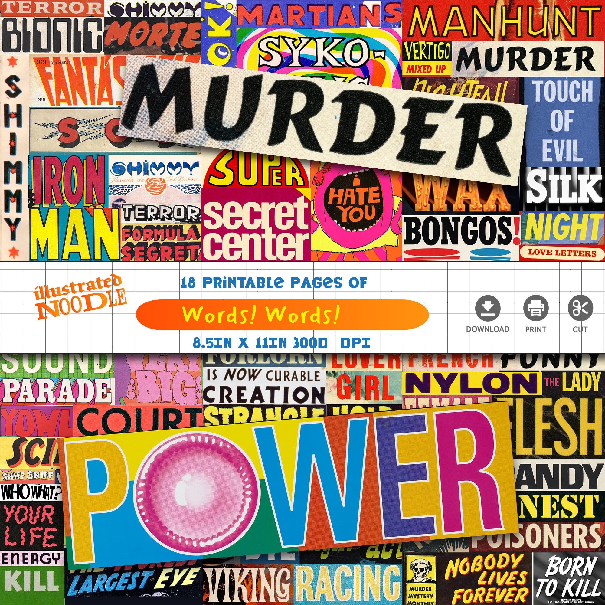 Vintage Pulp Magazine Words • Retro Sci-Fi Horror Text Clippings • Junk Journal Ephemera 