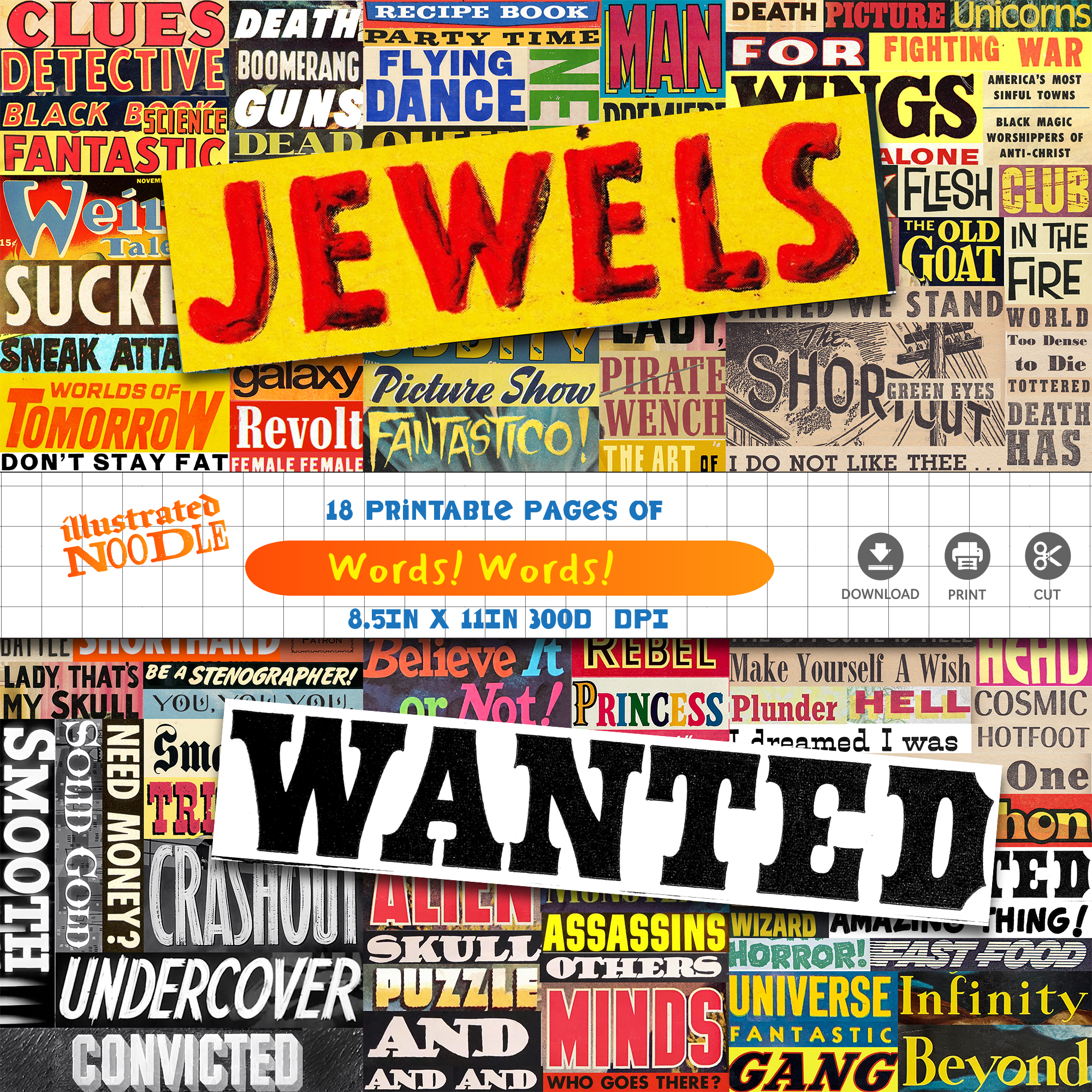 Vintage Pulp Magazine Words • Retro Sci-Fi Horror Text Clippings • Junk Journal Ephemera 