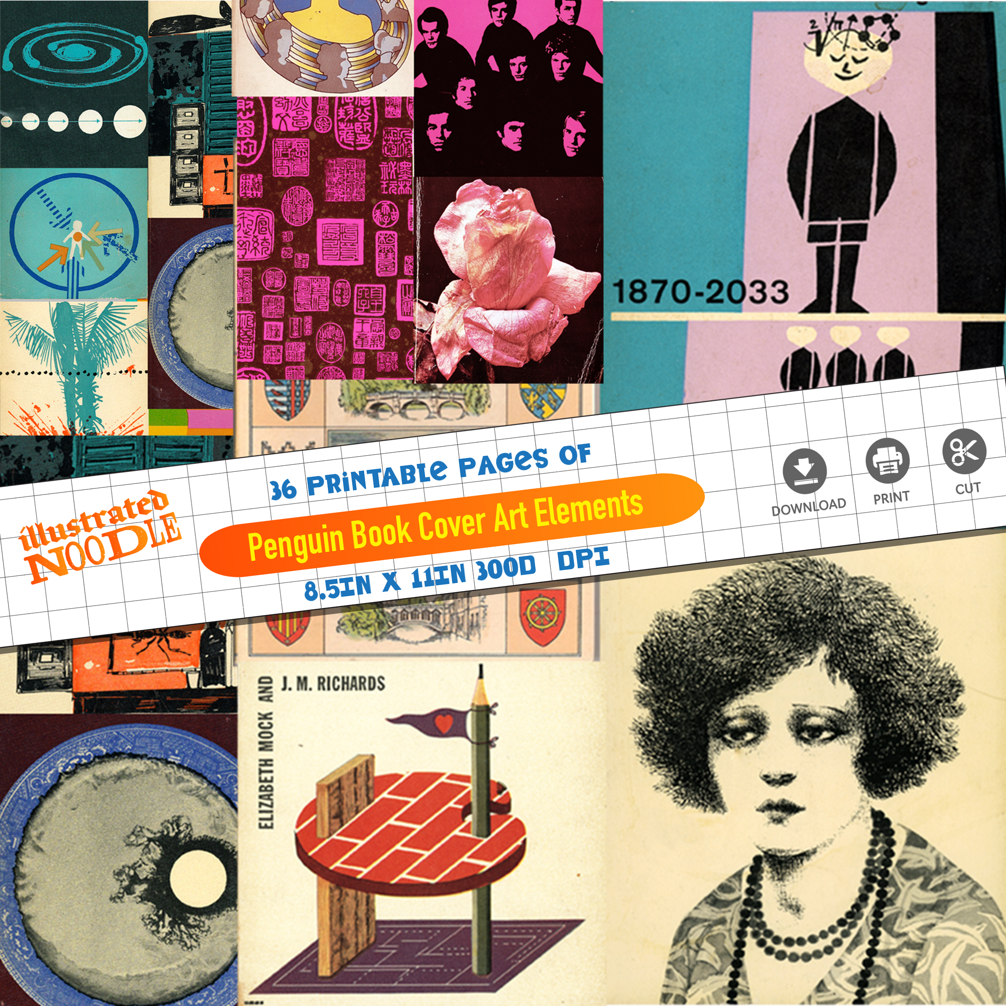 Mid Century Book Illustration Kit  • Abstract, Sci-Fi & Retro Collage Elements • Printable Scrapbook Paper