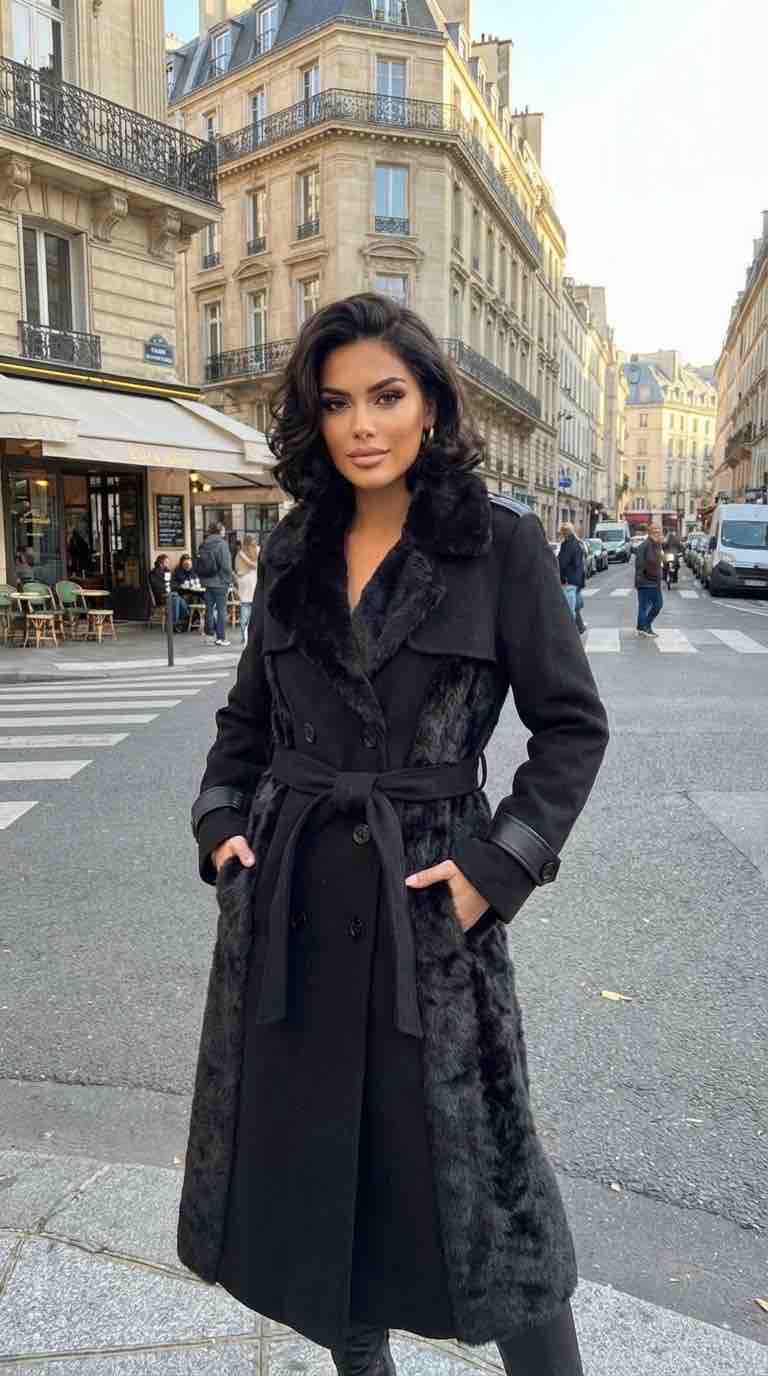 Elegant Black Fur-Trimmed Trench Coat