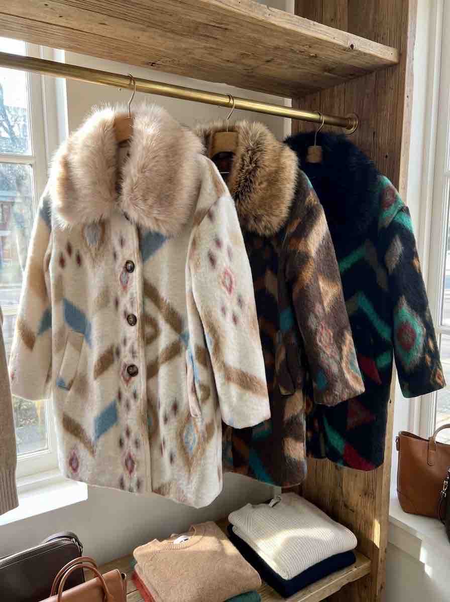 Patterned Wool Coat with Faux Fur Collar