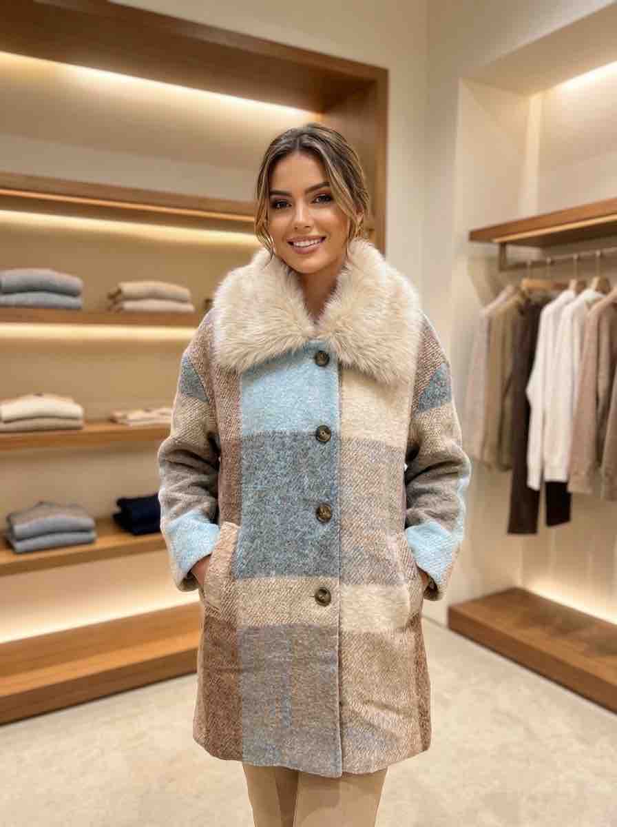Plaid Wool Coat with Faux Fur Collar
