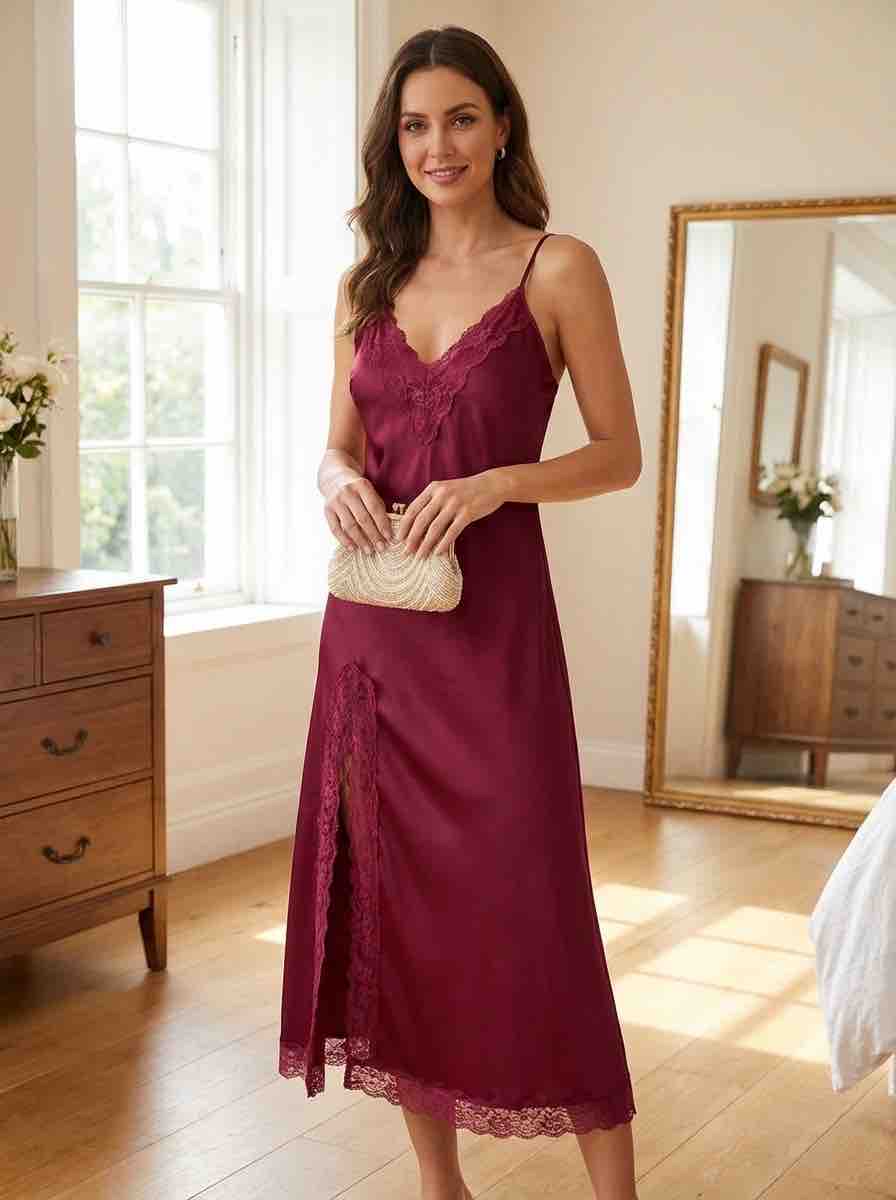 Elegant Burgundy Lace Slip Dress