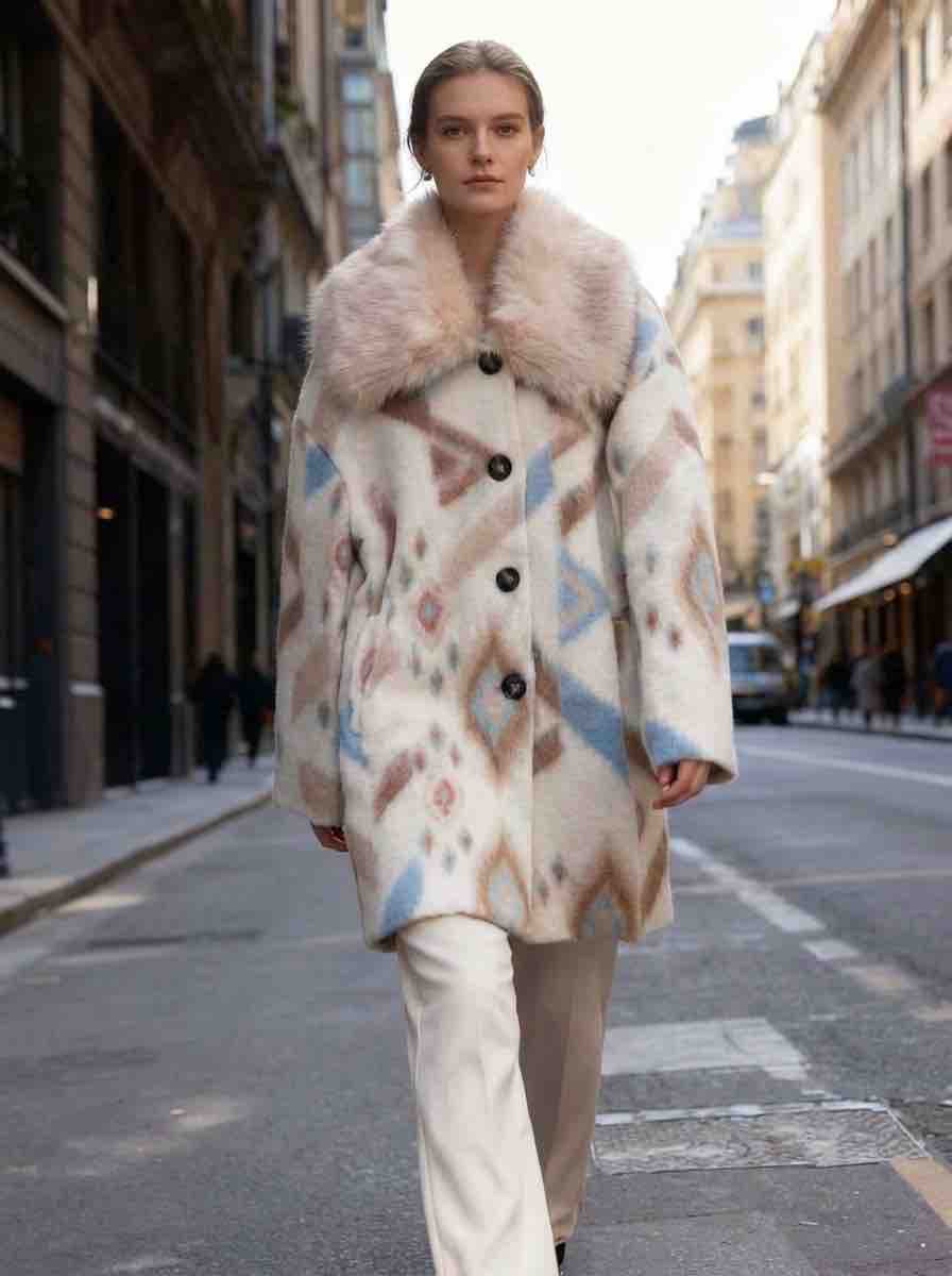 Patterned Wool Coat with Faux Fur Collar