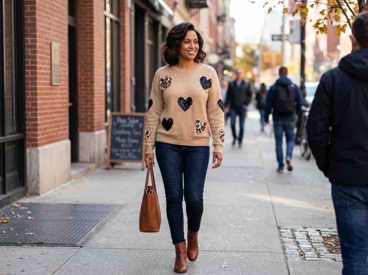 Beige Heart and Leopard Print Sweater