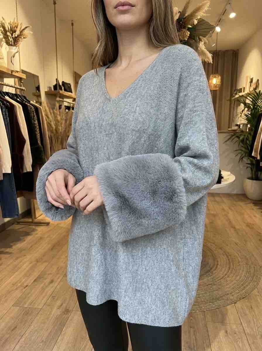 Gray V-Neck Sweater with Faux Fur Cuffs