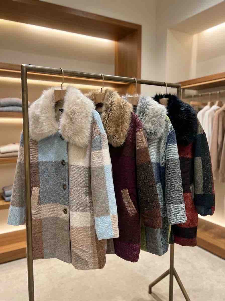 Plaid Wool Coat with Faux Fur Collar