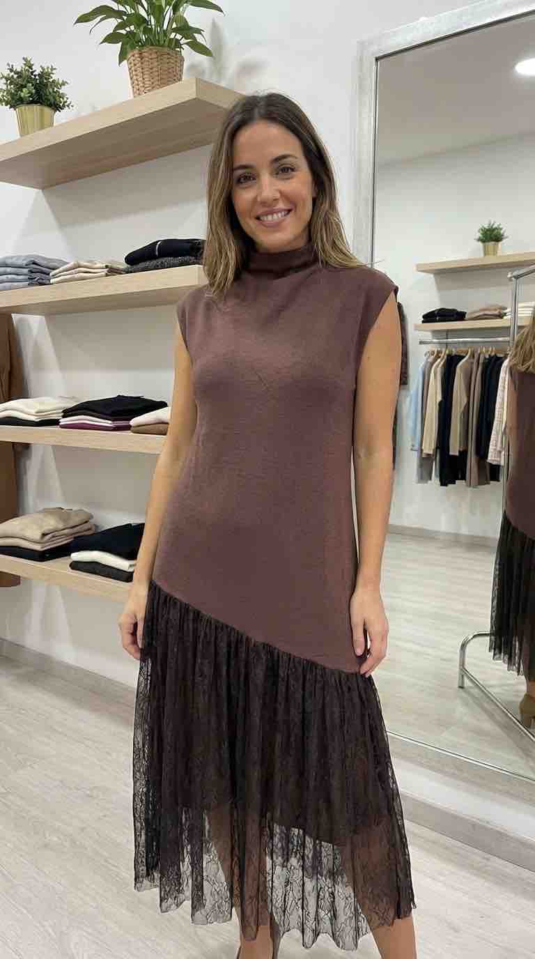Brown Asymmetric Mesh Dress