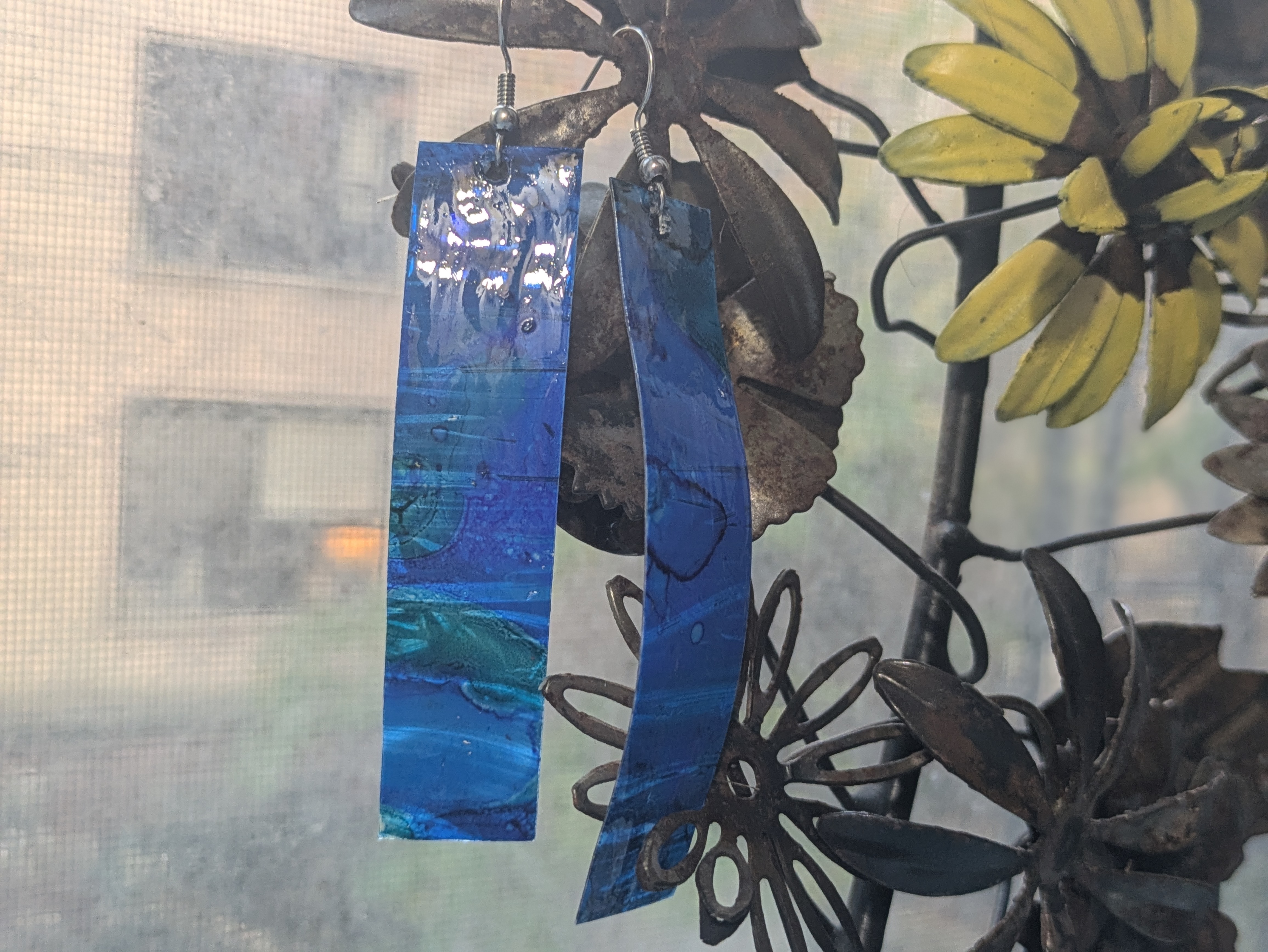 Handmade "Glass" Upcycled Plastic Water Bottle Alcohol Ink + Resin Blue Earrings