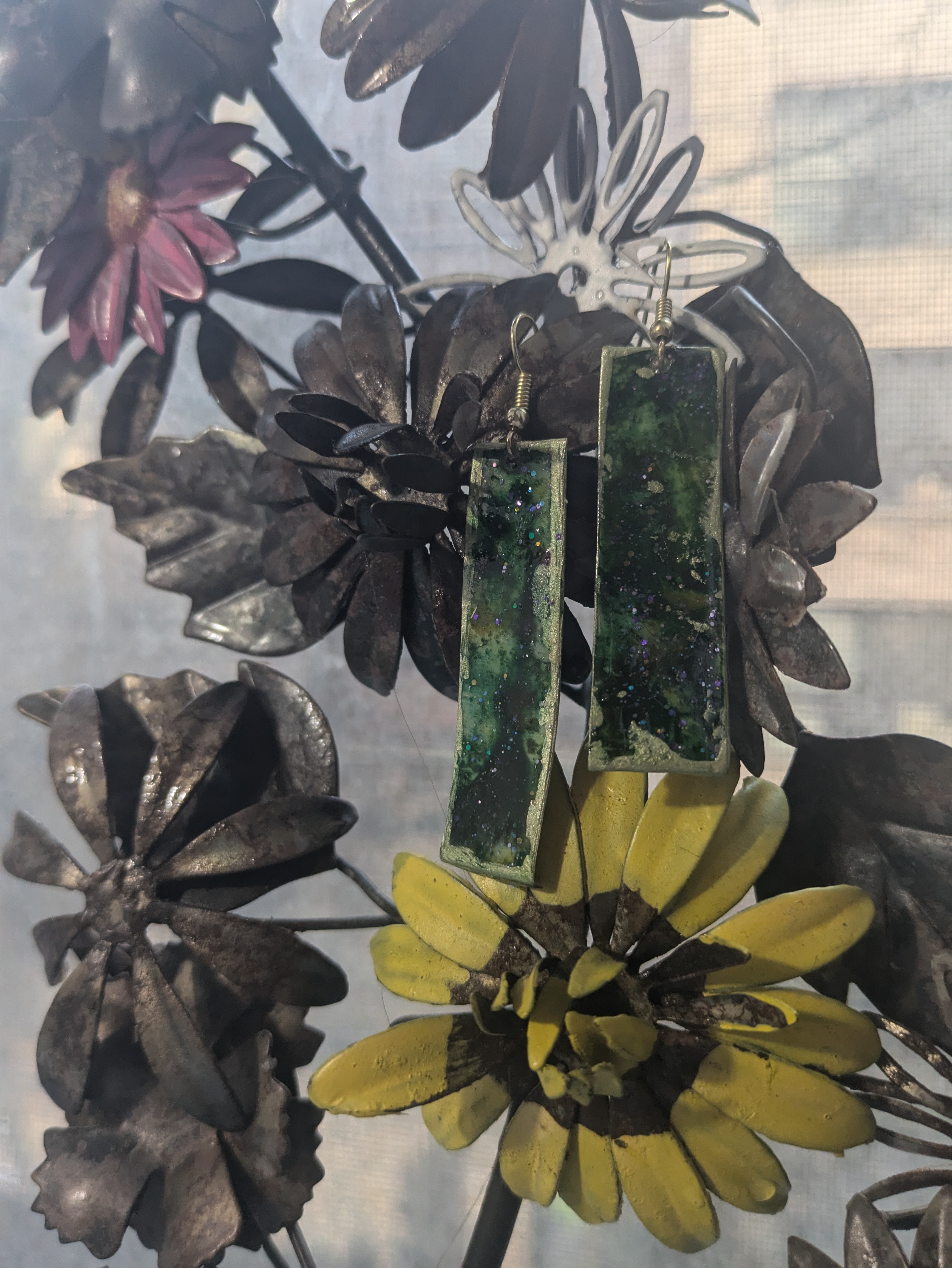 Handcrafted Green Handmade "Glass" Upcycled Plastic Water Bottle Alcohol Ink + Resin Green Earrings